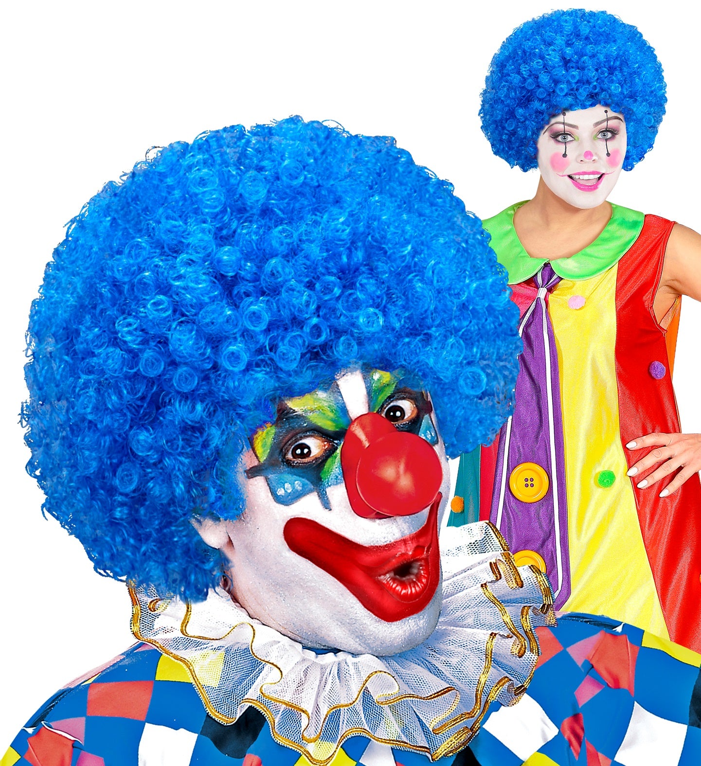 Man and woman wearing a curly blue afro wig paired with clown makeup and colourful outfits.