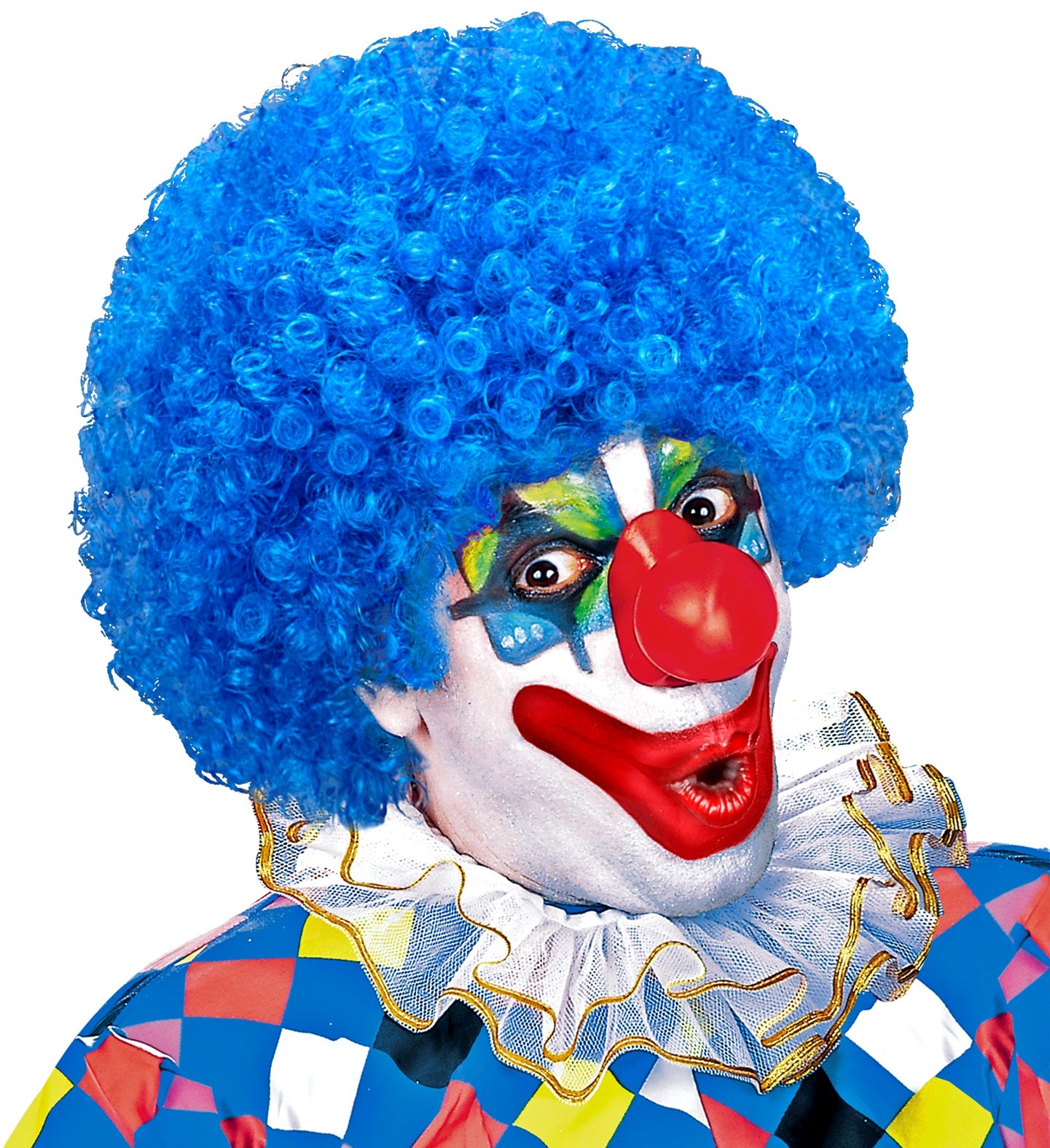 Man wearing a curly blue afro wig and colourful clown face paint with a red nose.
