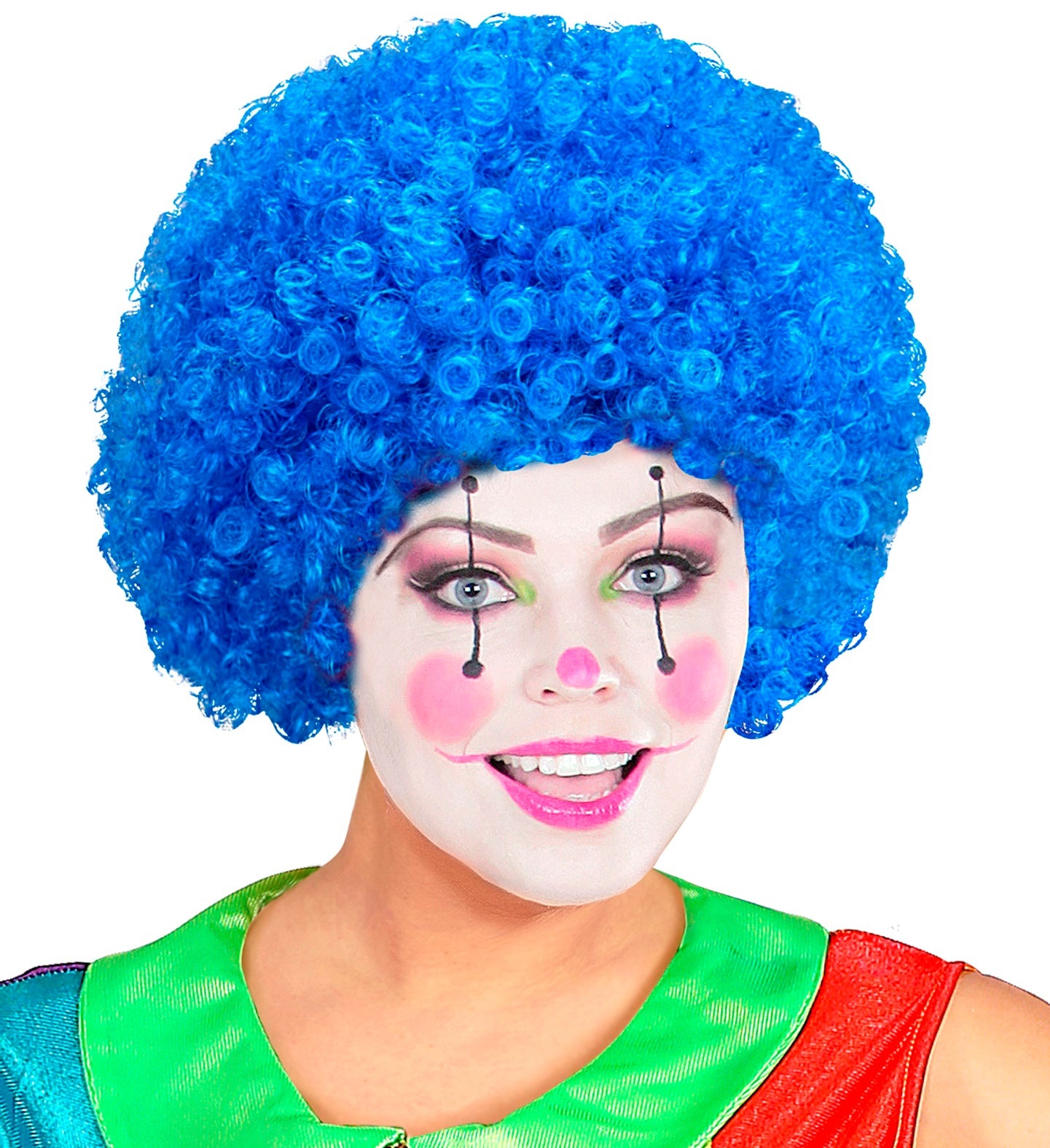 Woman wearing a curly blue wig with pink cheek clown makeup and a bright costume.