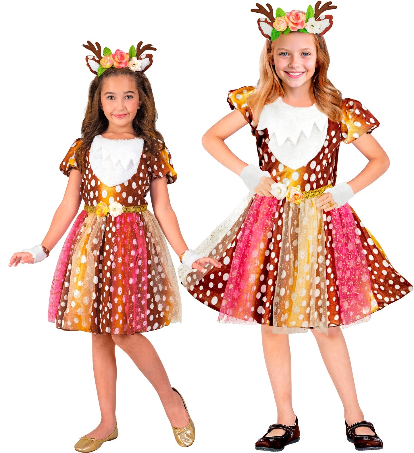Two young girls modeling the cute floral reindeer costume, which includes a spotted dress and a flower antler headband.