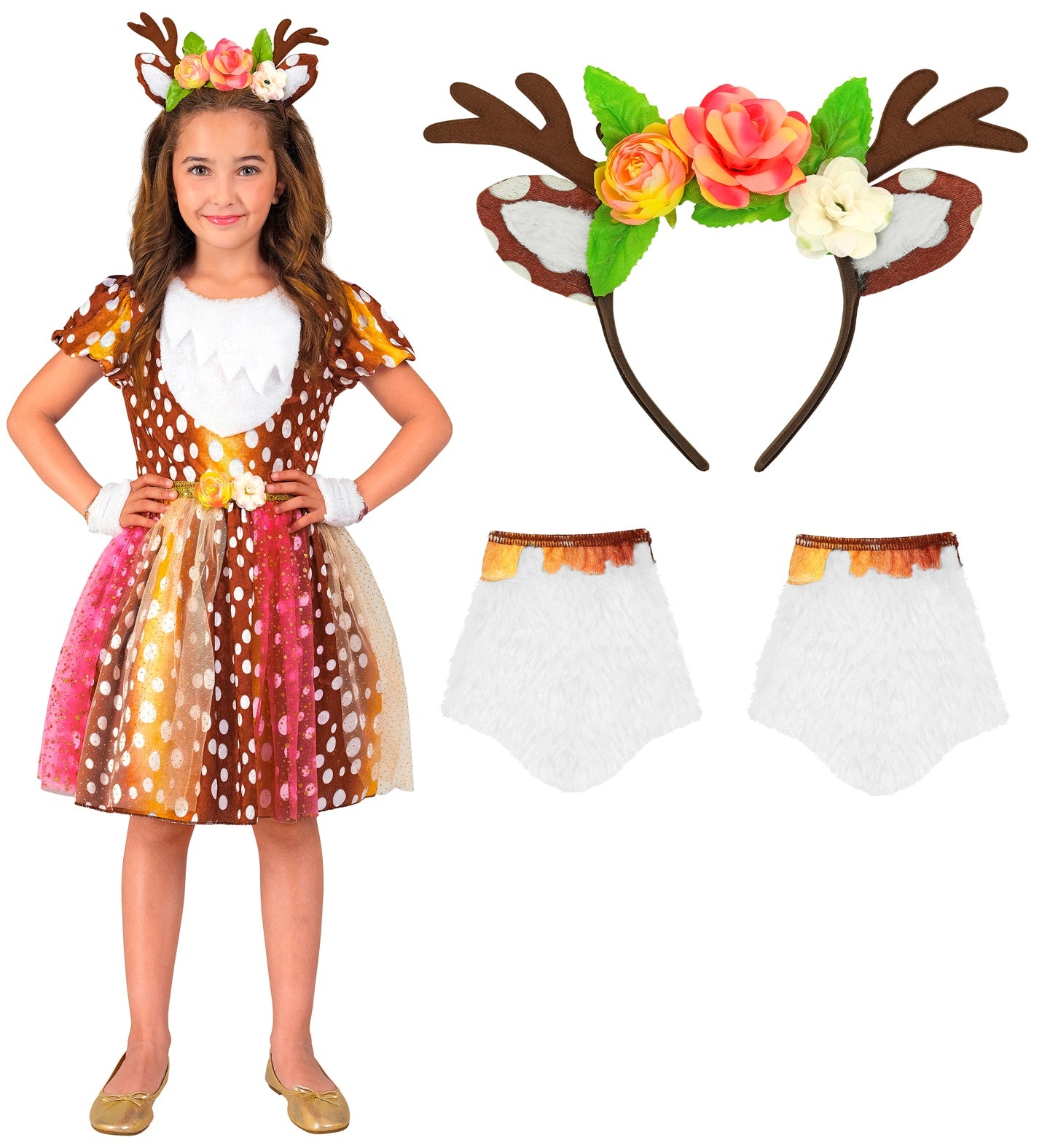 A collage showing a girl in the full reindeer costume next to the included floral antler headband and white fluffy fingerless gloves.