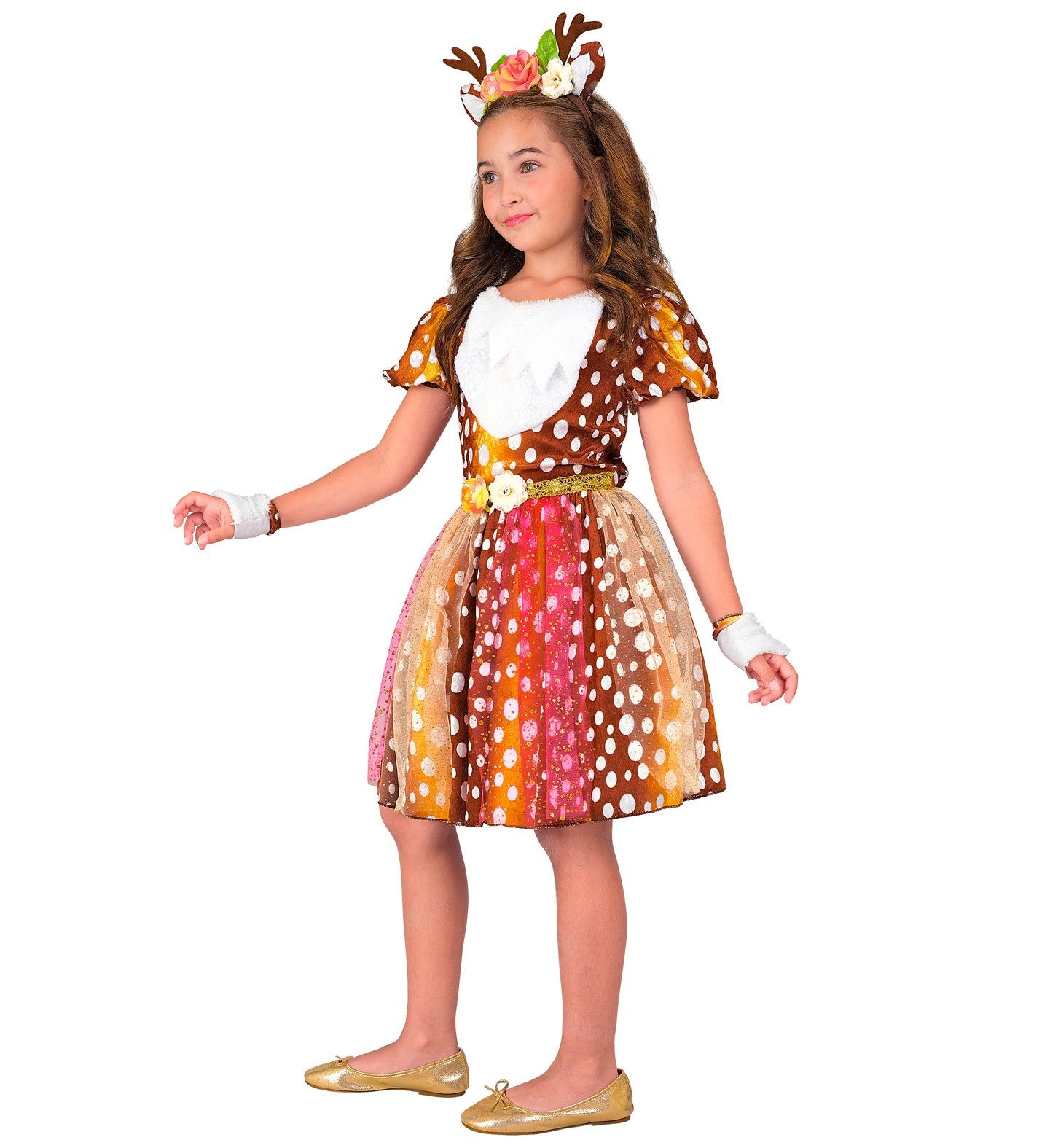 A side view of a girl wearing the sparkly fawn-print dress and floral antler headband.