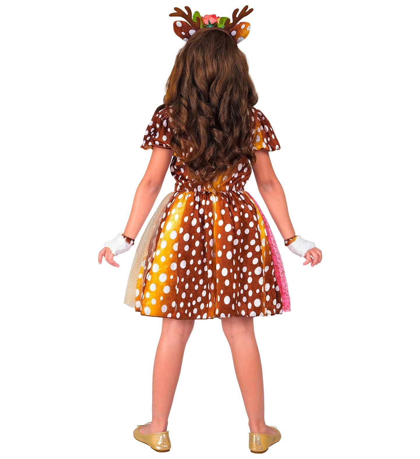 The back view of the girls' reindeer costume, showing the multi-coloured glitter tulle skirt and spotted bodice.