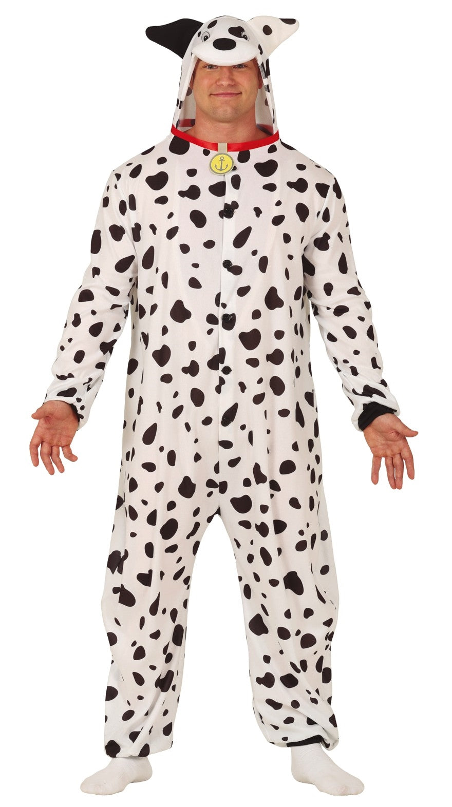A man smiling while modeling a relaxed-fit adult Dalmatian dog fancy dress onesie, featuring a white jumpsuit covered in black spots, a red collar detail with a yellow tag, and an attached hood with a dog face and floppy ears.