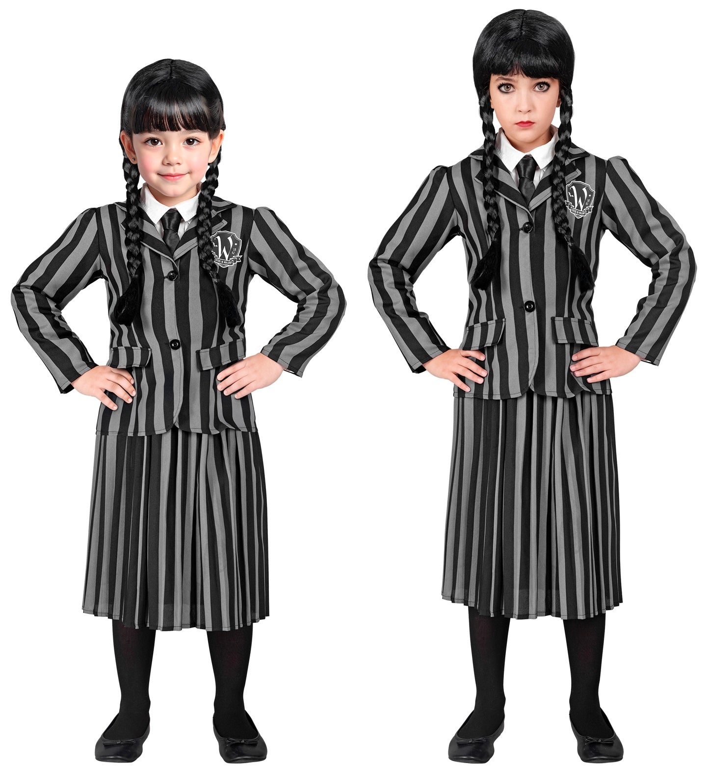  A young girl smiles and another glares while modeling a gothic schoolgirl costume with a striped jacket and pleated skirt, inspired by the Nevermore academy uniform.