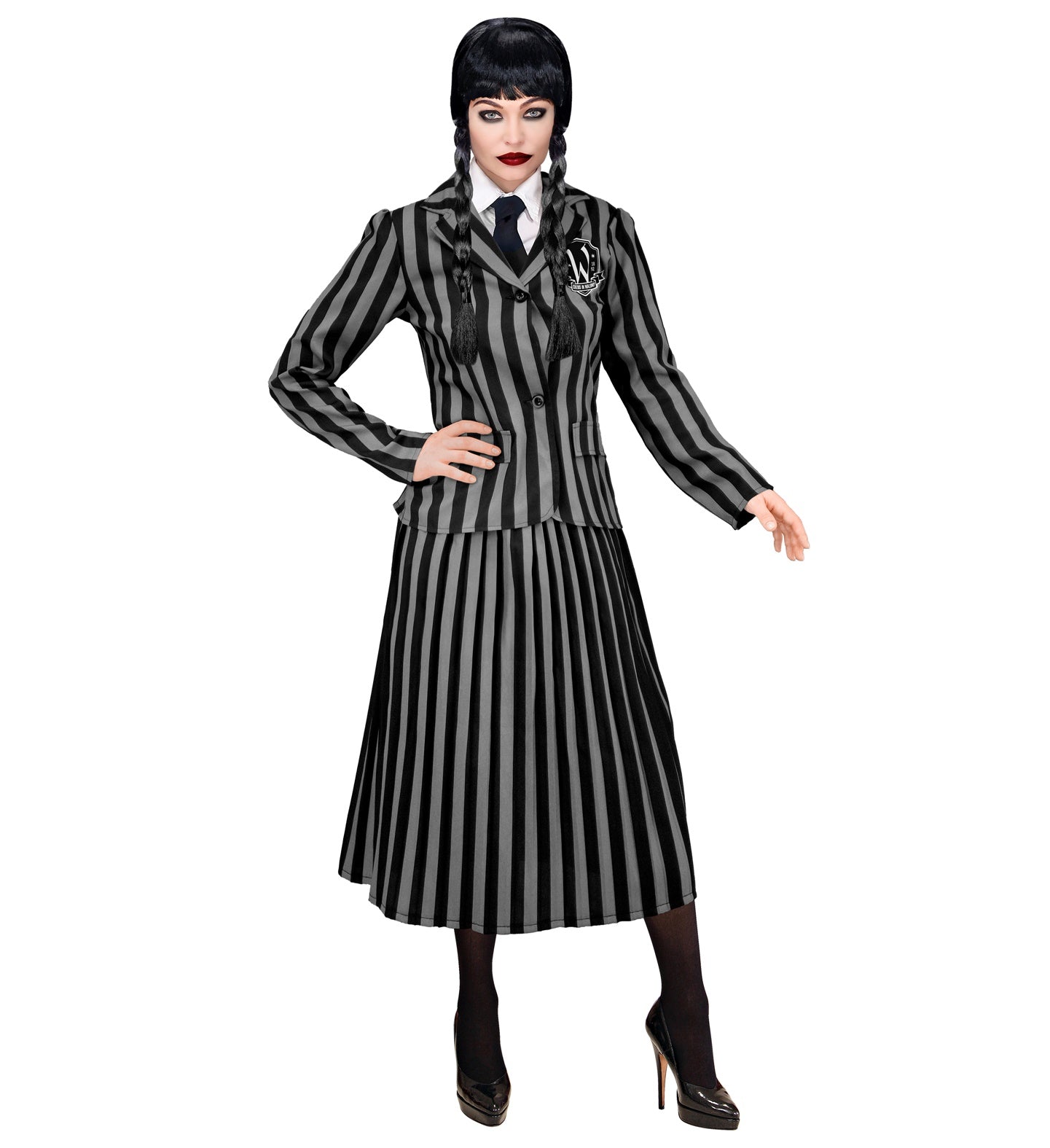 Front view of a woman wearing a Nevermore-style gothic academy uniform with a striped blazer, pleated skirt, and dark makeup.