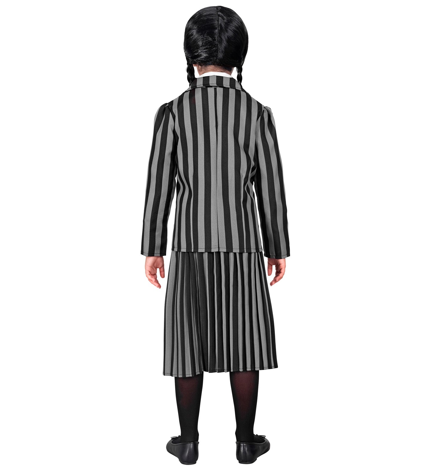 Back view of a girl in a gothic school uniform costume, showing the full striped pattern of the blazer and pleated skirt.