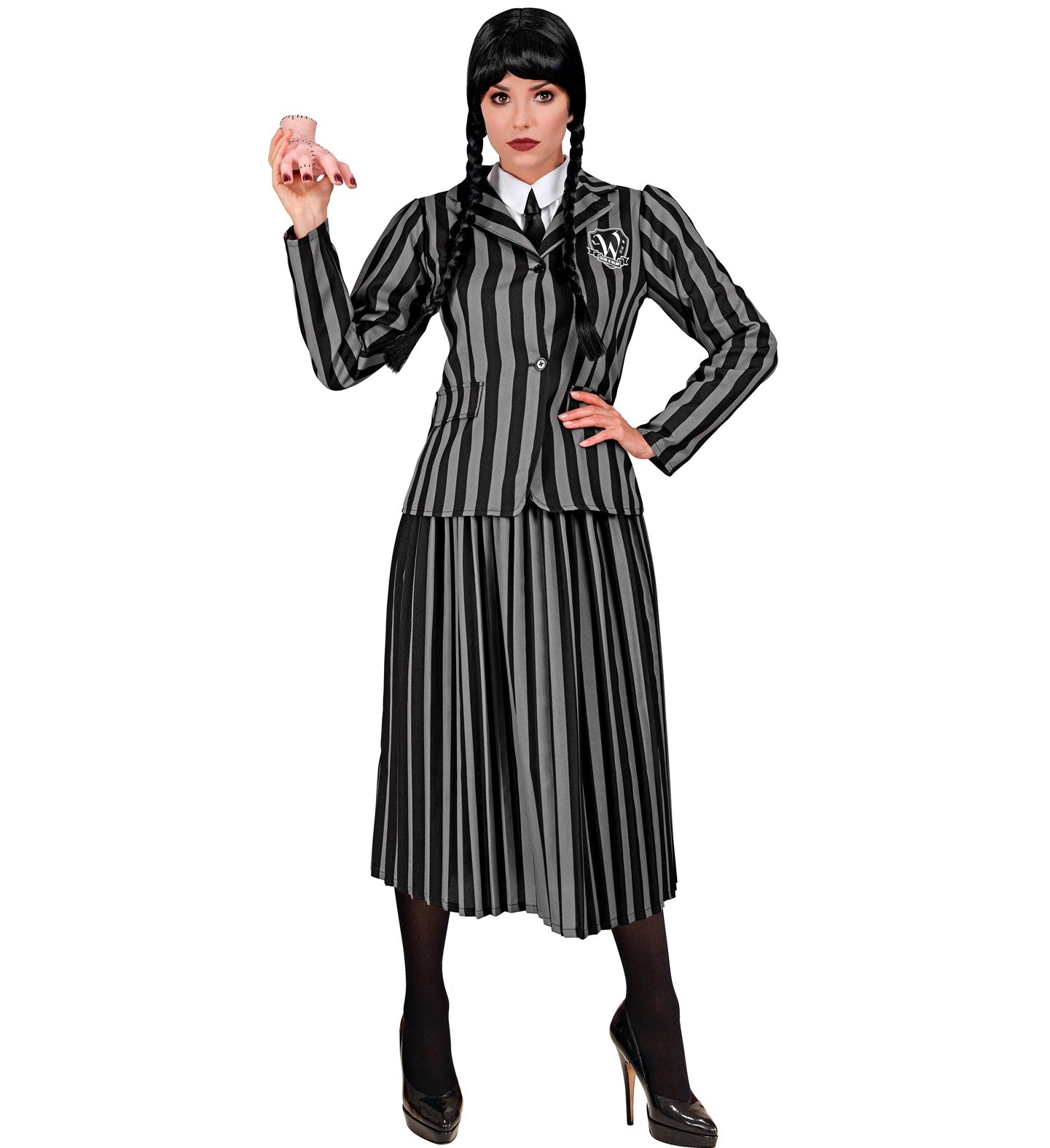 A woman models a gothic schoolgirl costume inspired by Wednesday Addams, featuring a striped jacket and skirt, while posing with her hand up.