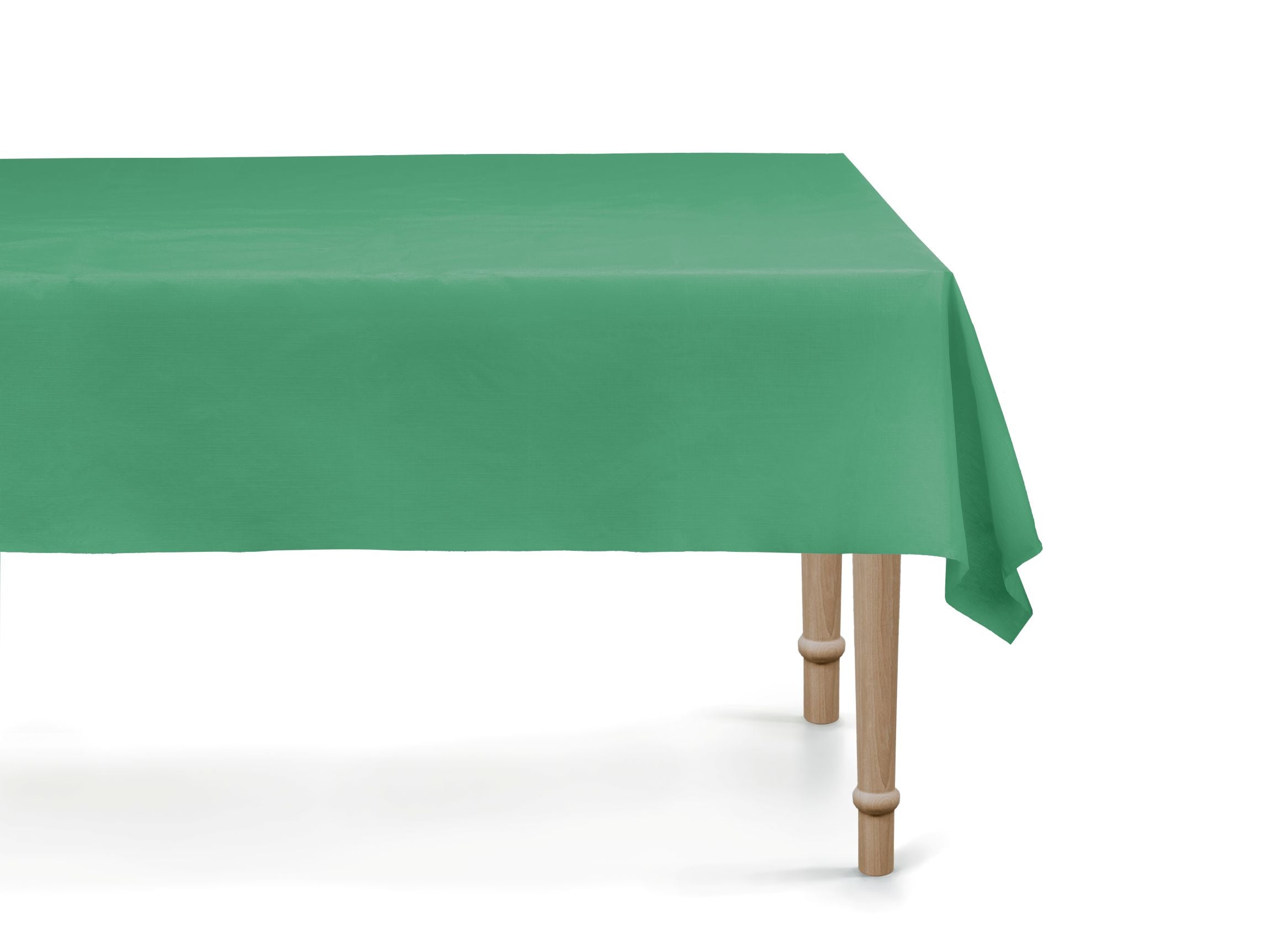 A solid dark green synthetic tablecloth draped over a table.