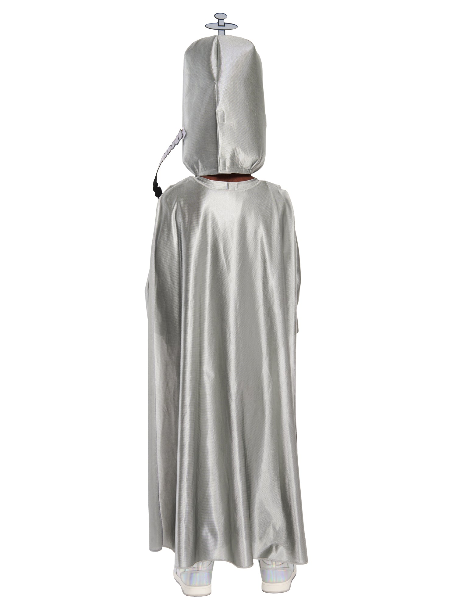Back view of the Spaceboy child's costume highlighting the full-length silver cape and helmet detail.