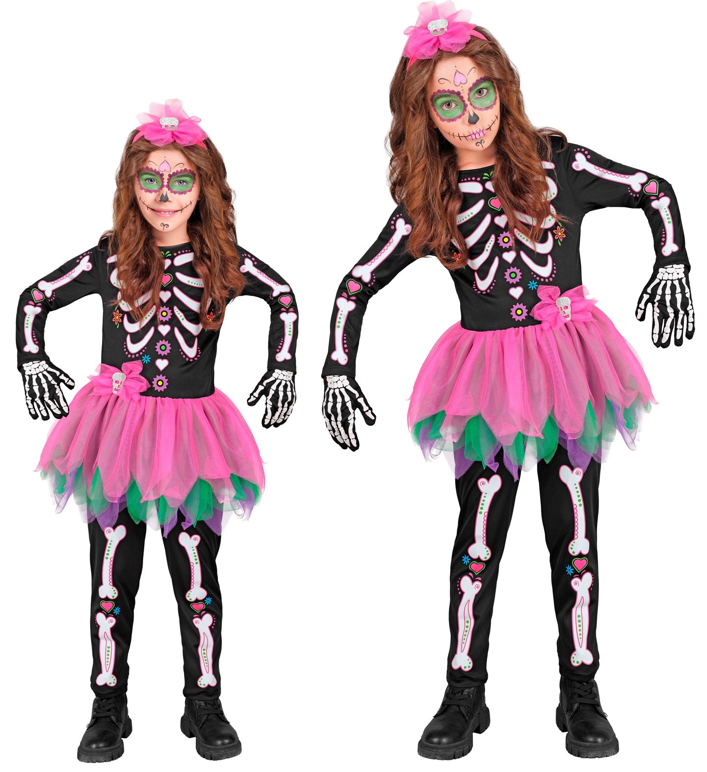 A girl and a toddler in Halloween costumes with skeleton and pink tutu designs on a white background.