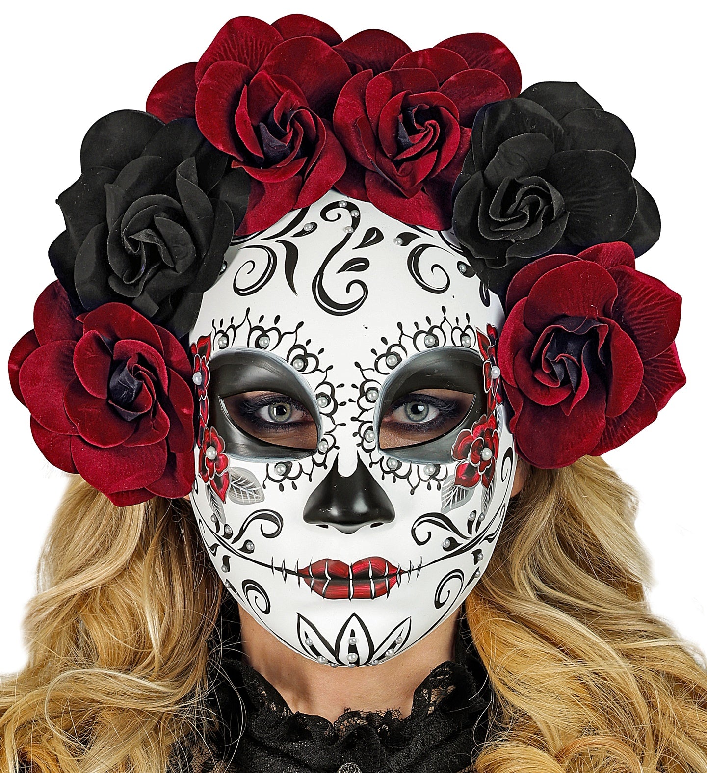 Day of the Dead Sugar Skull Mask Black & Burgundy Roses