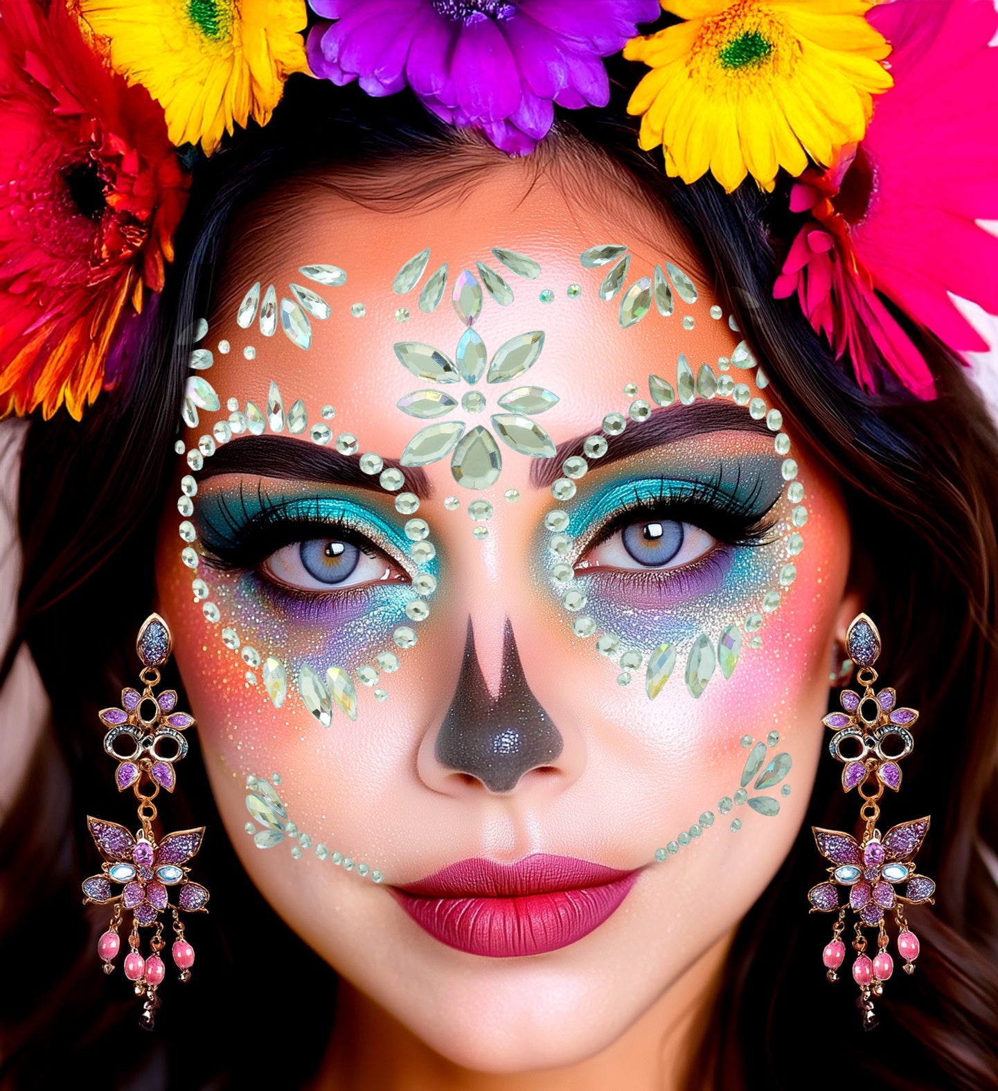 A person wearing colorful floral crown, vibrant makeup, and iridescent Day of the Dead sugar skull face jewels.