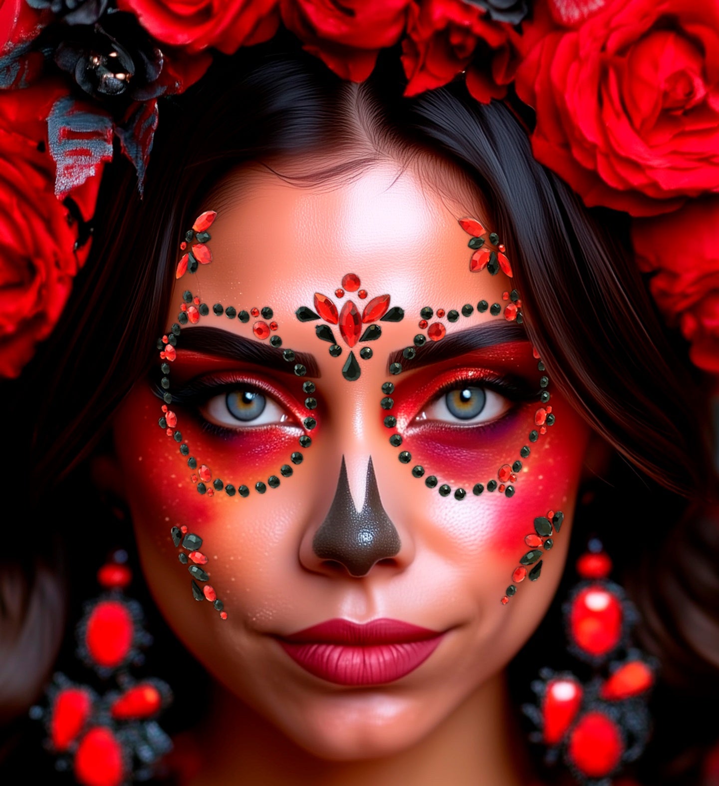 A person wearing a vibrant floral crown, dramatic red eye makeup, and ruby red and black sugar skull face jewels.