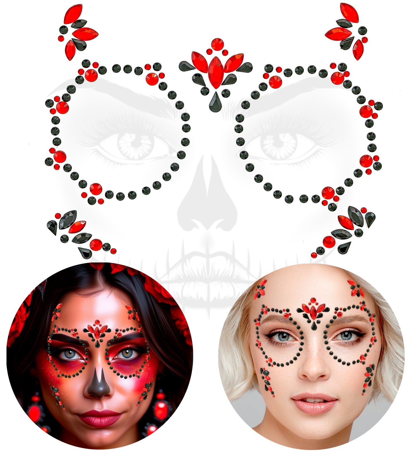 The complete Day of the Dead Face Jewels self-adhesive set showing the sugar skull layout and accent pieces in original packaging.