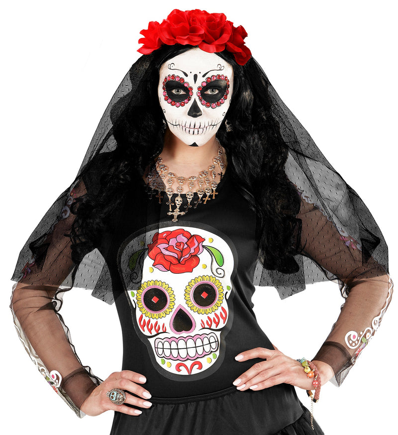 Day of the Dead Rose Flower Headpiece with  Veil
