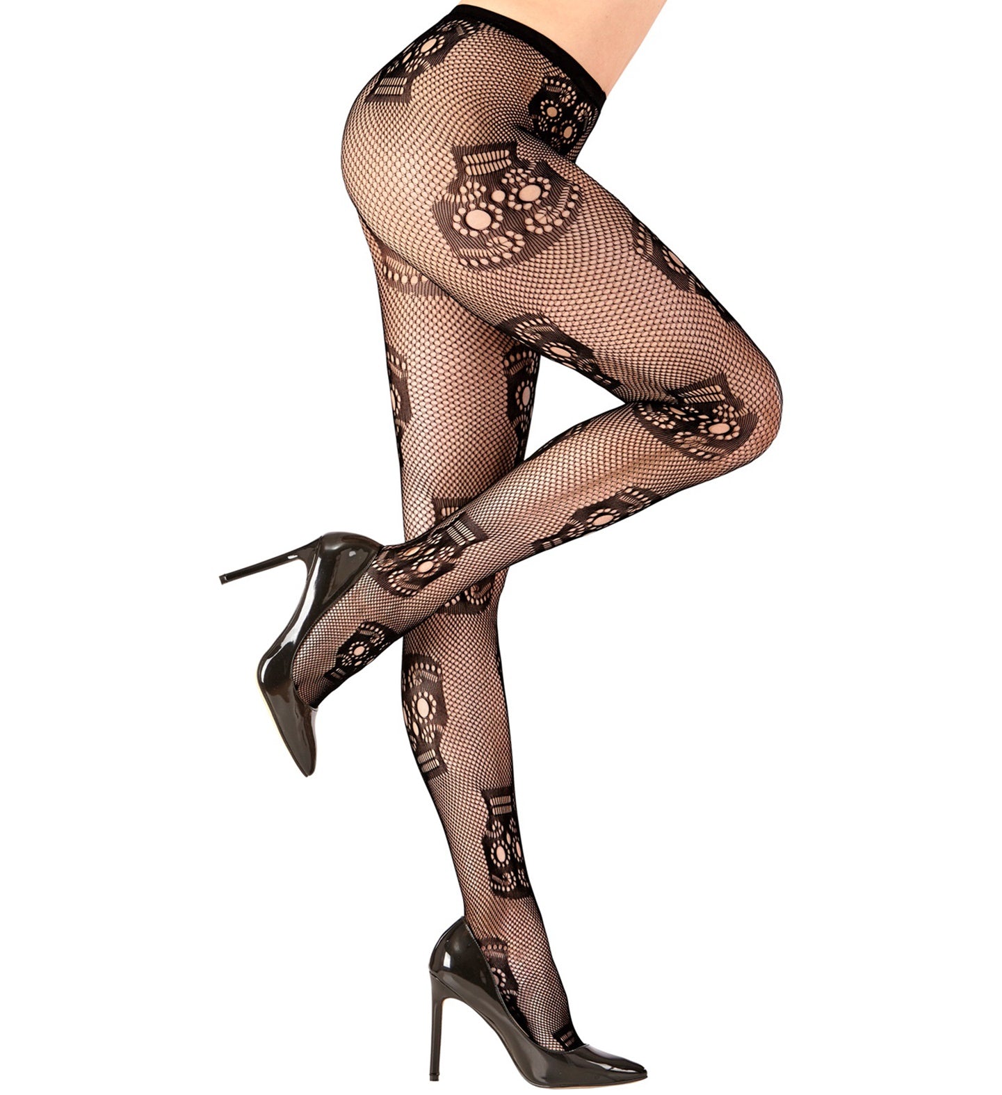 A close-up of a woman's legs wearing sheer black patterned tights with a repeating sugar skull design, paired with black high heels.