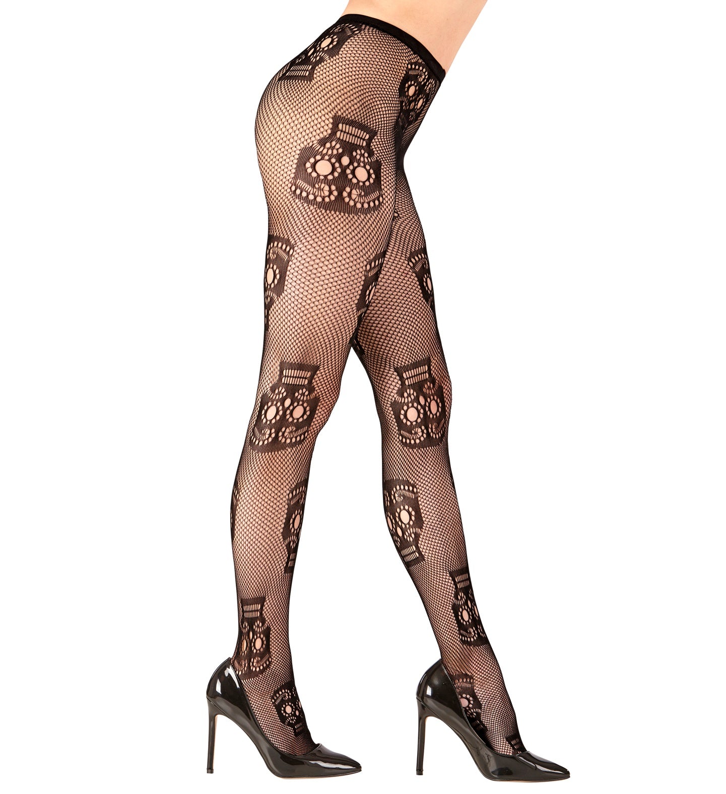 A side view of a woman's legs modelling the Day of the Dead sheer tights featuring a black sugar skull pattern.