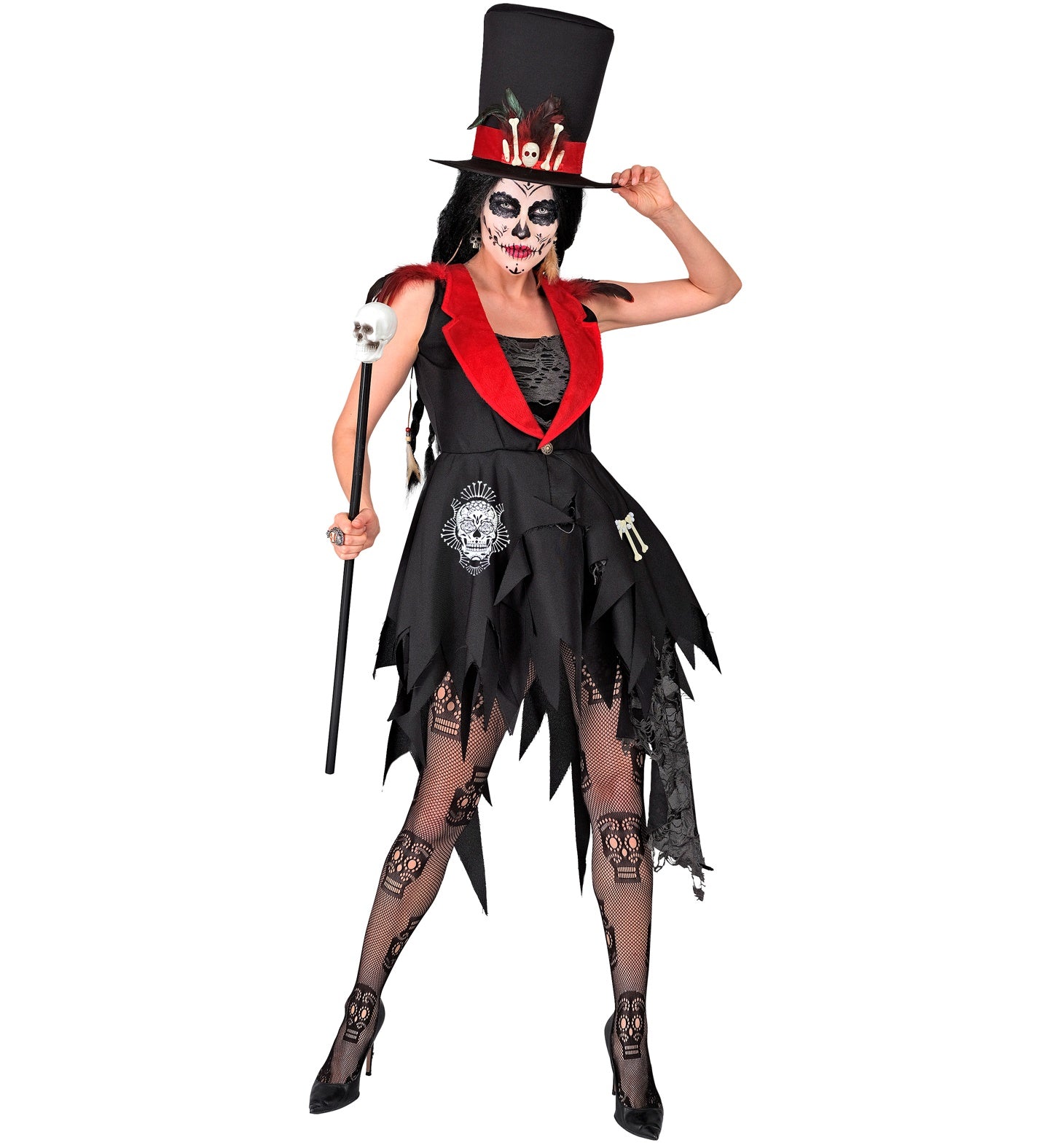 A woman in a full Day of the Dead voodoo-style costume, showing how the sugar skull patterned tights complete the look.