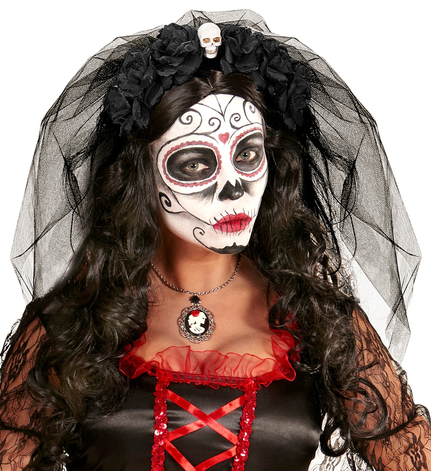 Day of the dead Black Roses Headpiece with Skull and Veil