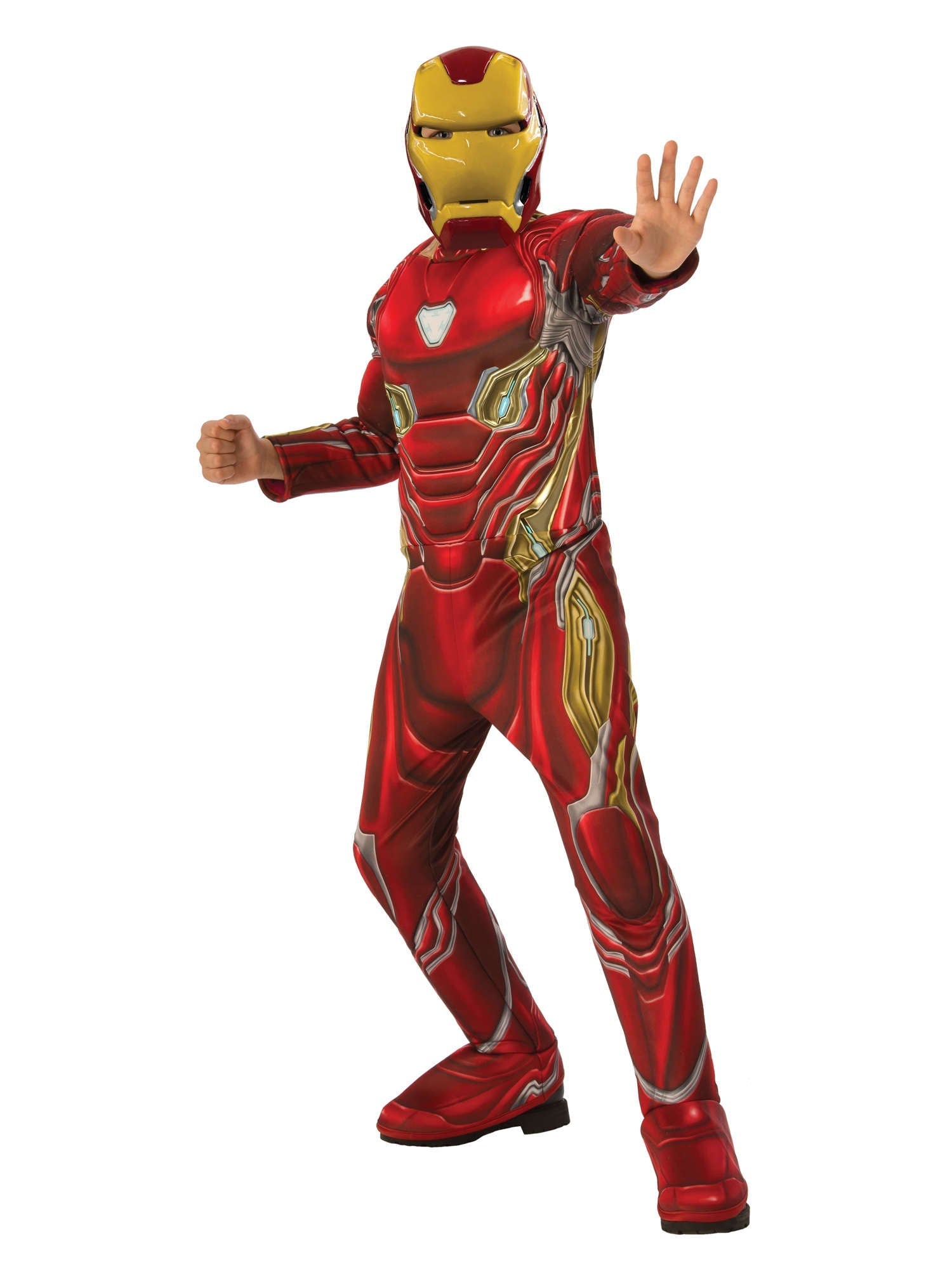 Child modelling the official Marvel Deluxe Iron Man costume with crimson and gold armour and mask.