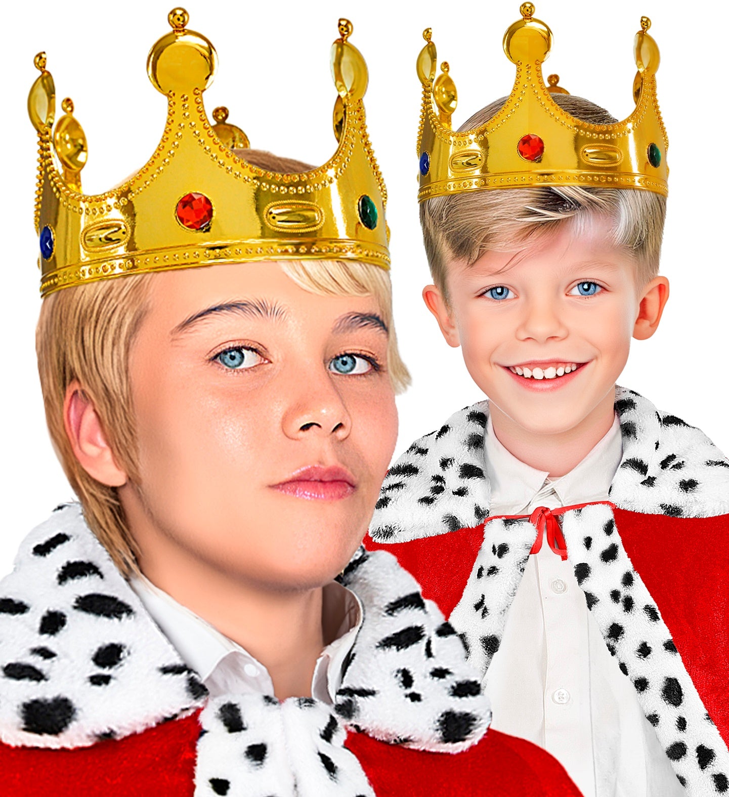 Two boys wearing the gold royal crown with faux jewels and royal robes.