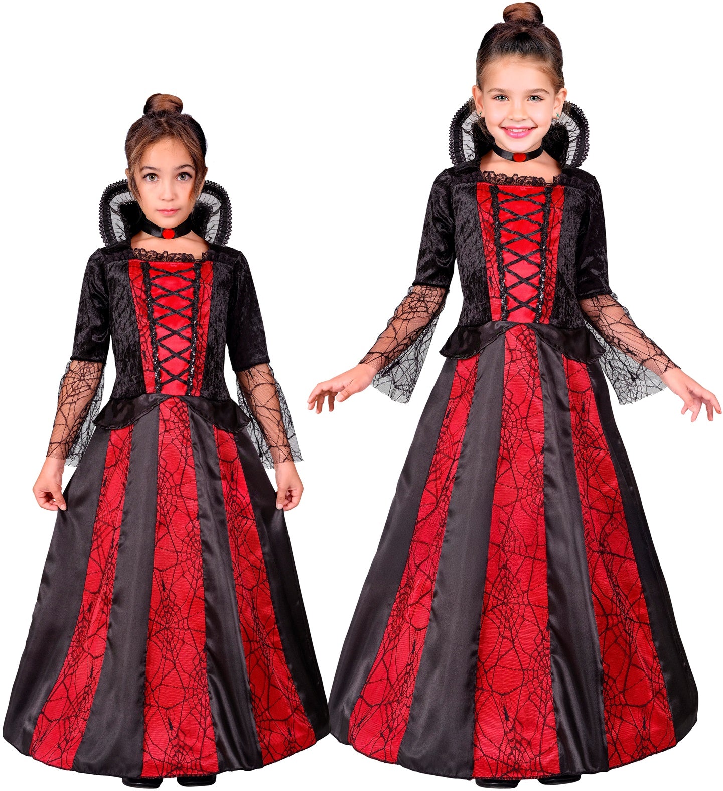 Two children in matching spider vampiress costumes. The costumes are full-length dresses with black velvet bodices, black and red spiderweb-patterned skirts, black collars, and black spiderweb-patterned sleeves.