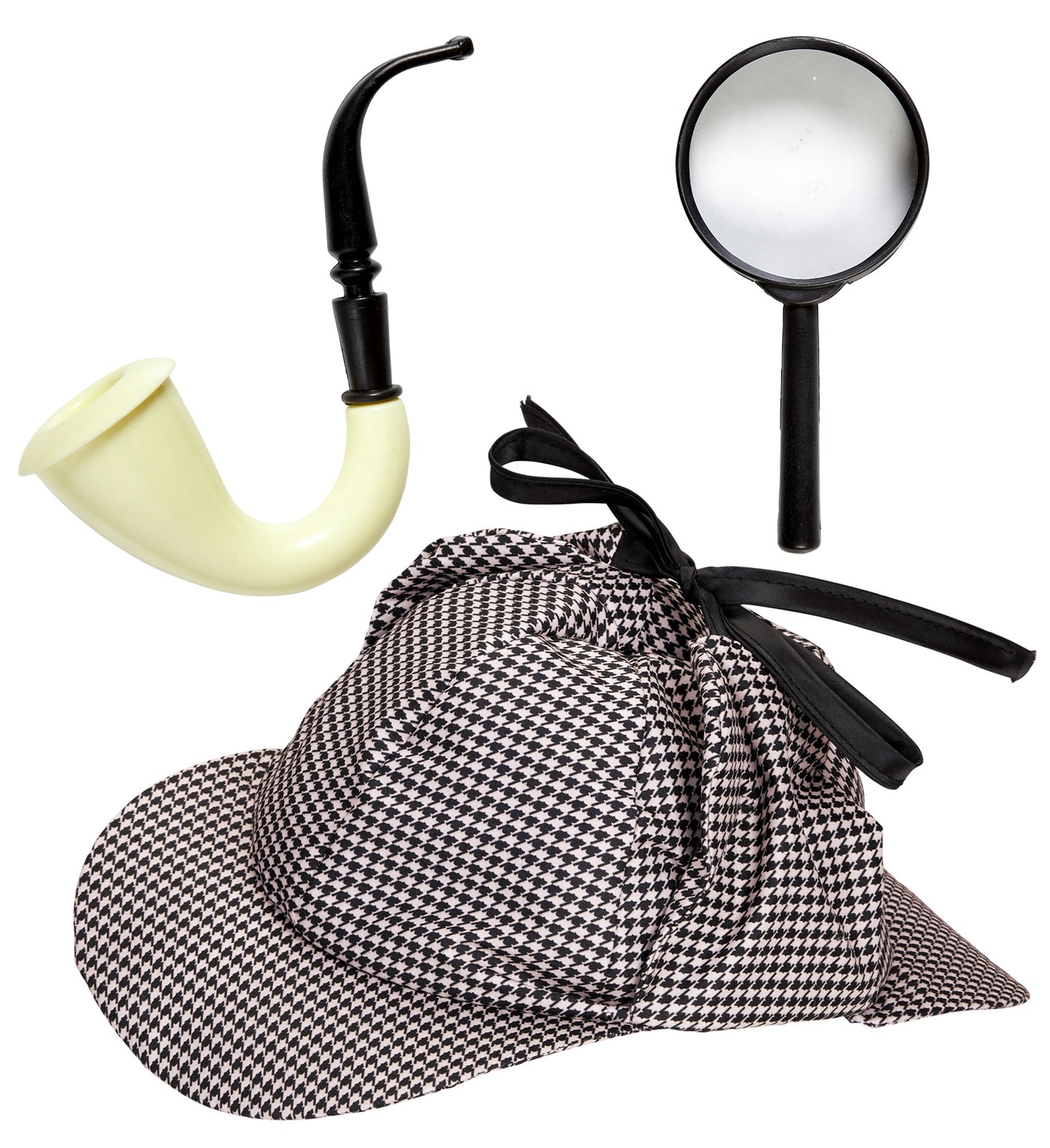 A flat lay display of a detective fancy dress kit featuring a classic black and white houndstooth deerstalker hat with a black ribbon, a curved faux pipe, and a black magnifying glass.