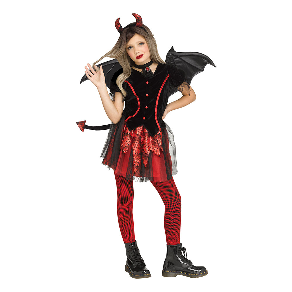 A girl models a complete and sassy devil costume, which includes a black and red dress, a choker, bat-like wings, and a red horn headband.