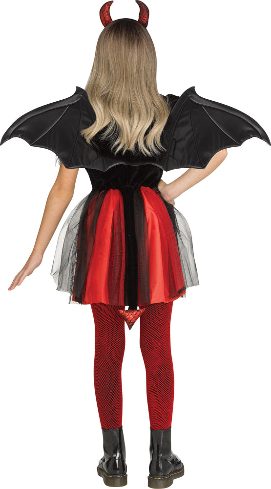 Back view of a girl's devil costume, showing the black bat-like wings, the red and black tulle skirt, and the attached pointy devil tail.