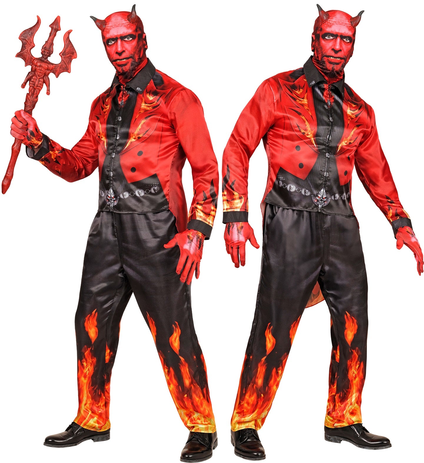 A man in the adult devil fast costume holding a prop trident, showing the full printed outfit.