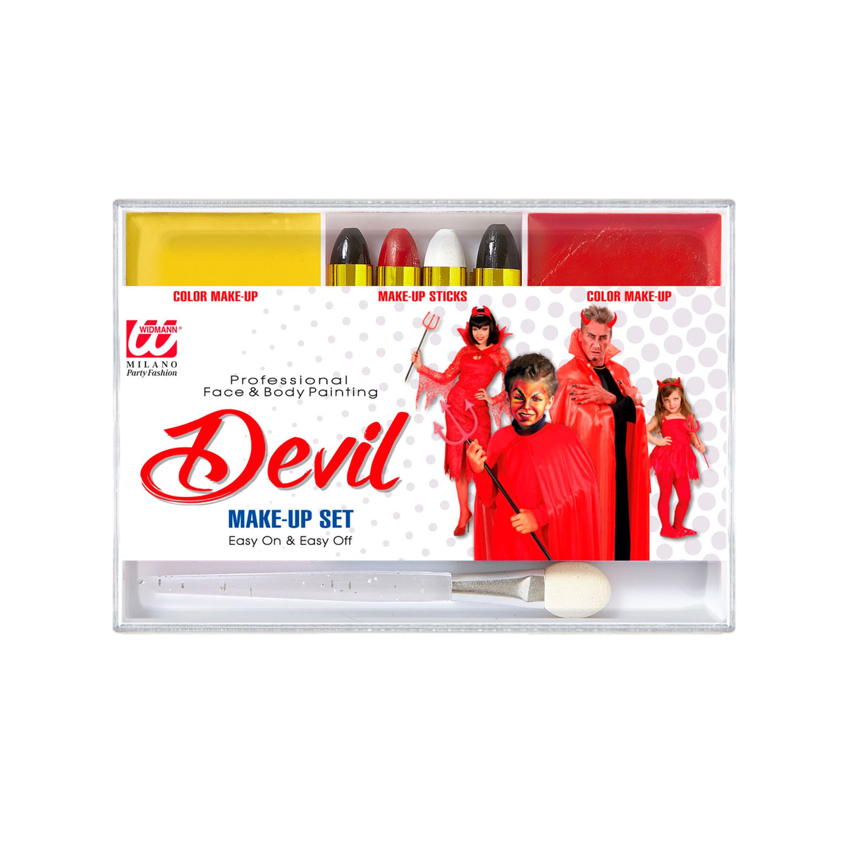 Product packaging for the Milano Party Fashion Devil Makeup Set, showing the makeup tray with yellow and red colors, four makeup sticks, a sponge applicator, and photos of adults and children dressed in red devil costumes.