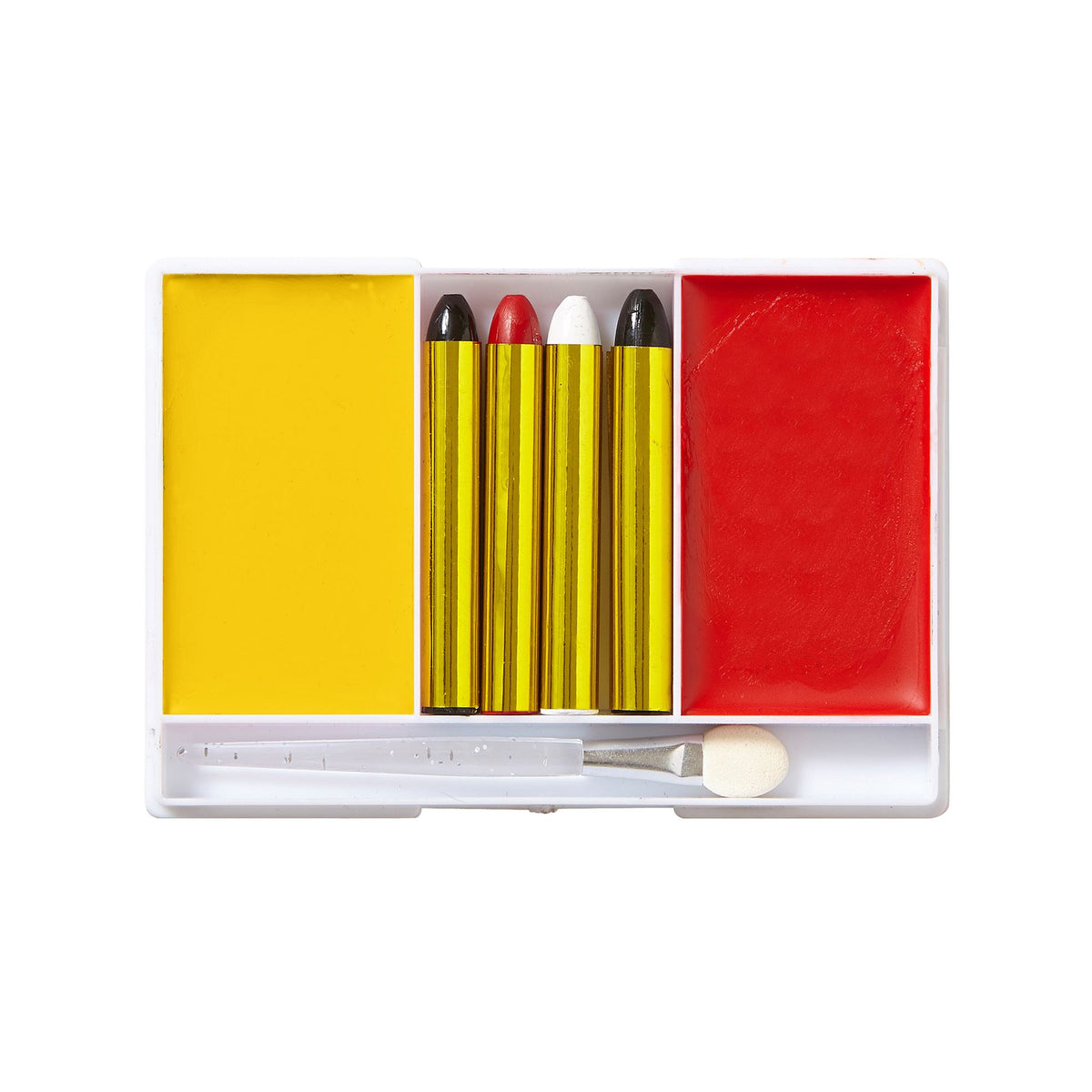 A close-up of an opened Devil Makeup Set tray featuring bright yellow and red base makeup, four detailing makeup sticks including black, red, and white, and a clear plastic sponge applicator.