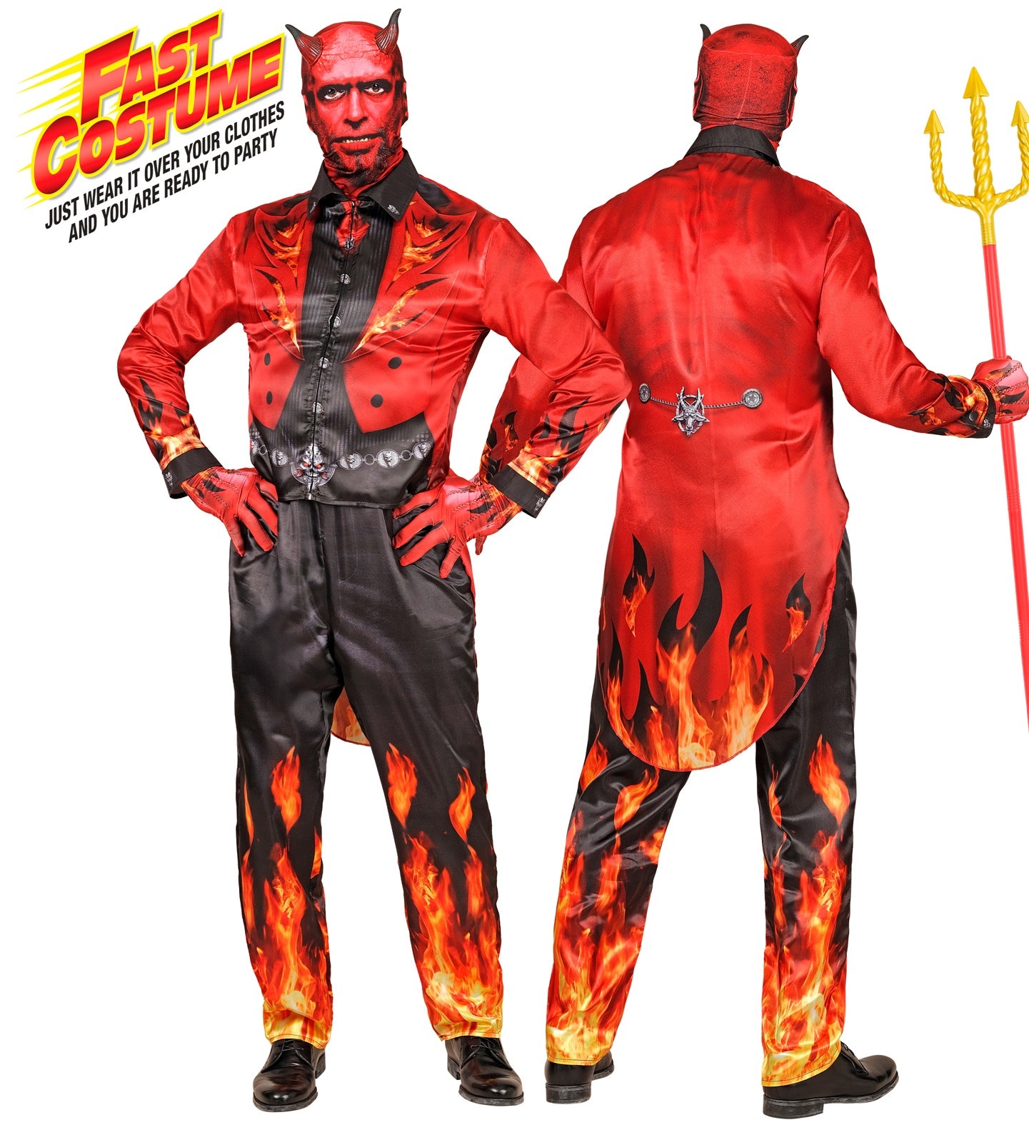 A man models the dapper devil 'Fast Costume' with flame-print pants and a printed tailcoat, designed to be worn over clothes.