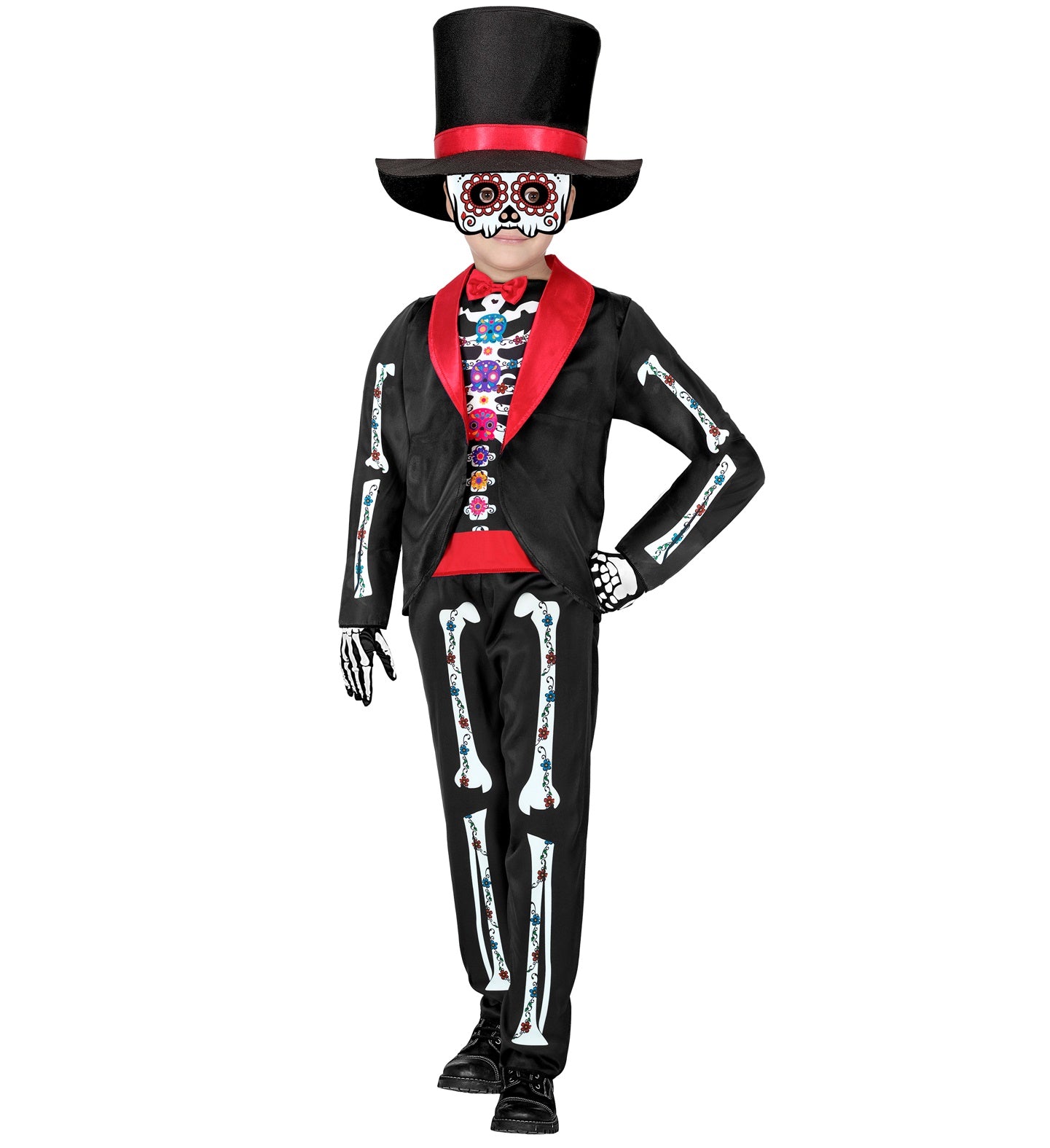 A toddler in a Dia De Los Muertos costume, standing with one hand on their hip. The costume is a black tailcoat with a red lapel, a colorful shirt with a vest, skeleton-themed pants, a top hat, and a mask with sugar skull face paint.