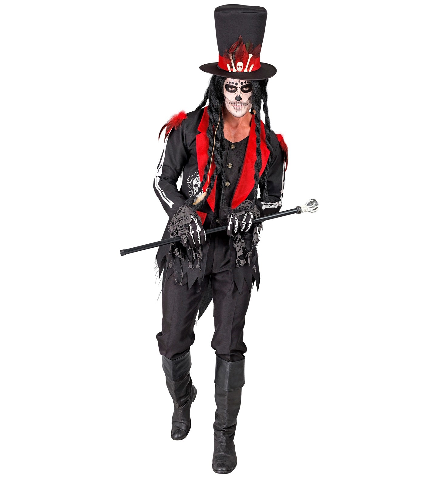 A person in a full Voodoo-themed Dia De Los Muertos costume, walking forward with a cane. The costume includes a black and red long jacket, a top hat with a red band and feathers, and skeleton-themed face paint.