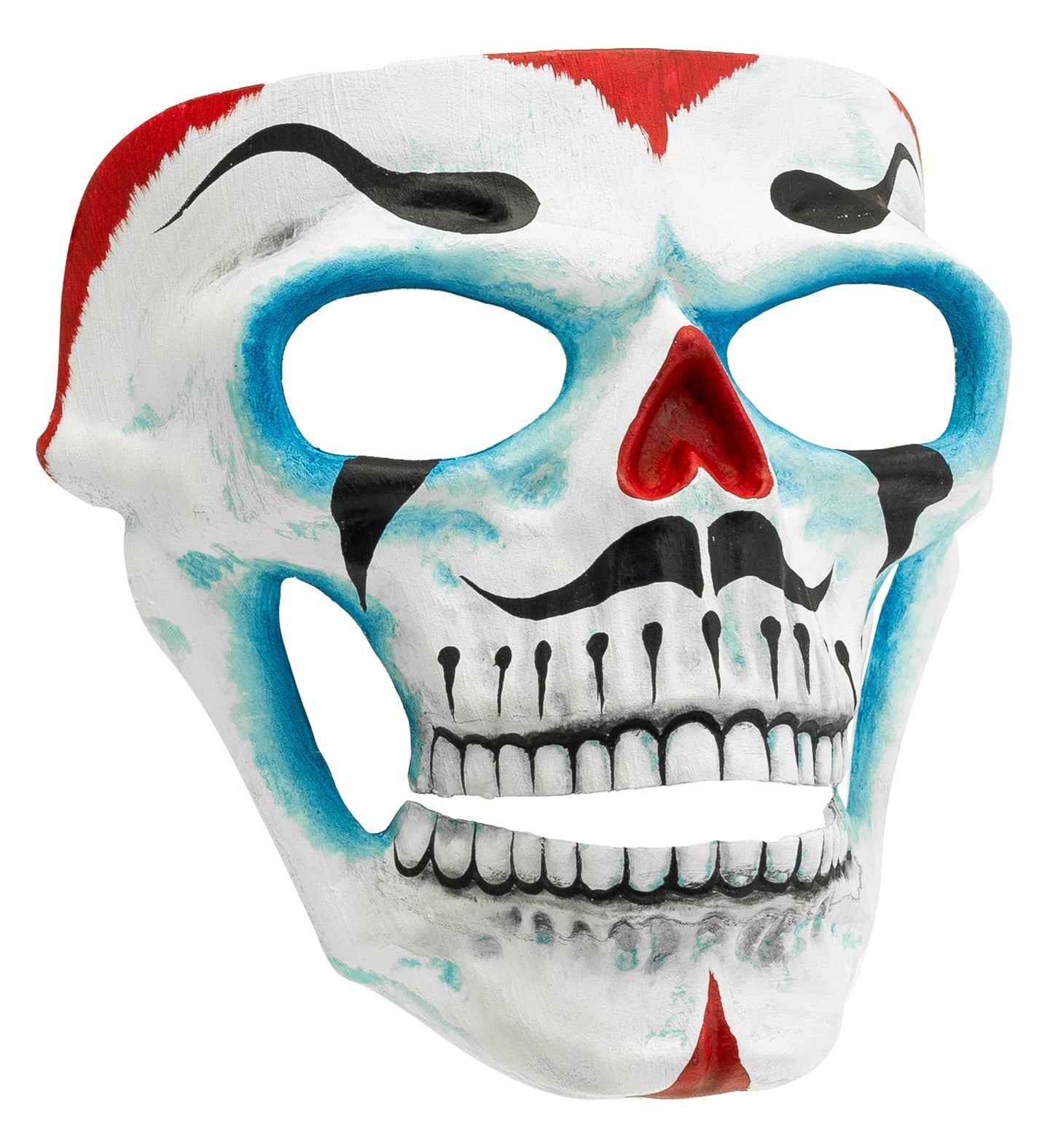 A white skull mask with a clown design, featuring a red nose, blue around the eye sockets, and black painted mustache and eyebrow details, isolated on a white background.