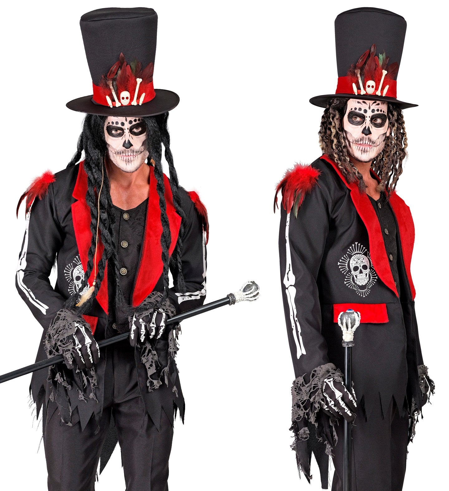 A split image of a person in a Voodoo-themed Dia De Los Muertos costume from two different front angles, holding a silver-topped cane. The costume includes a black and red jacket, a top hat, and skeleton-themed face paint.
