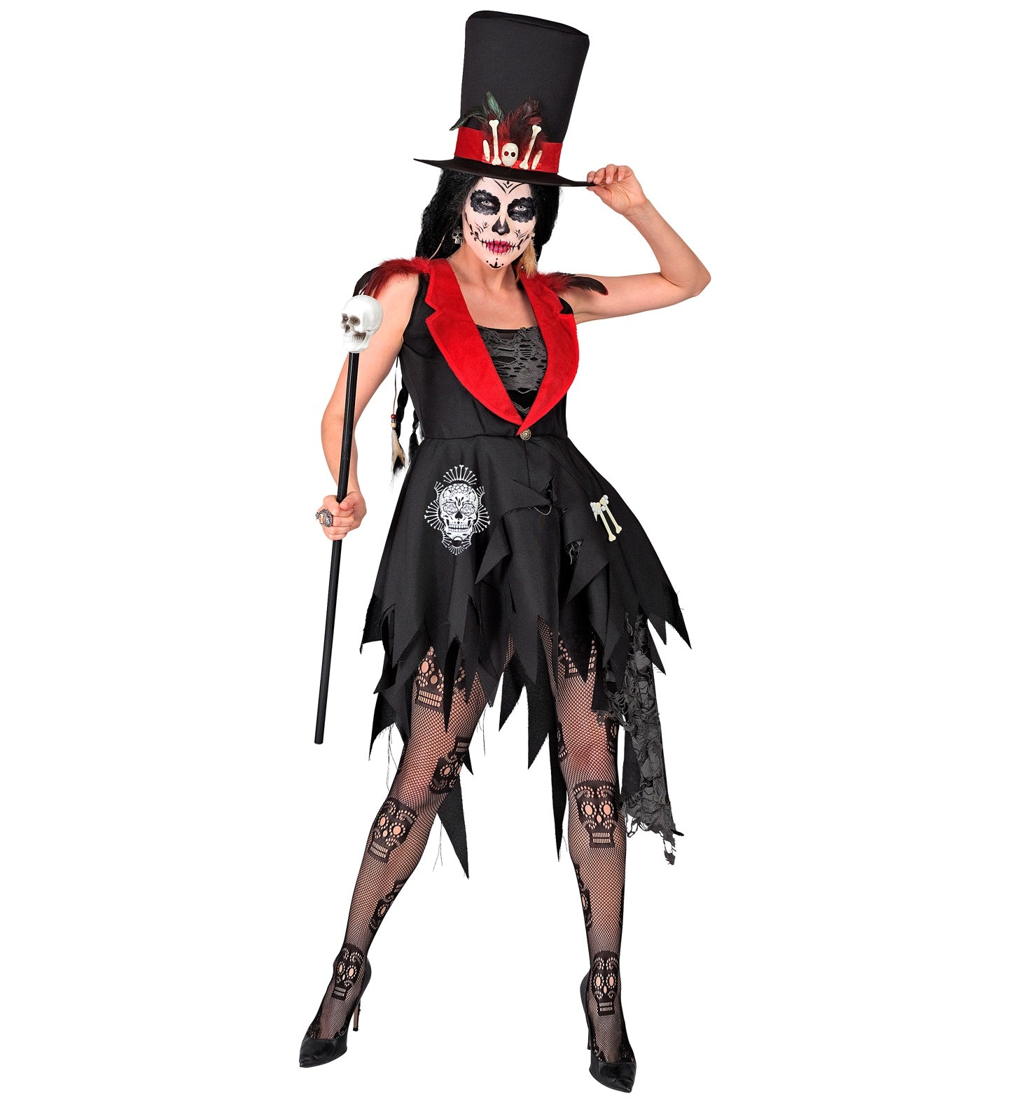 A lady in a full Voodoo-themed Dia De Los Muertos costume, walking forward with a cane. The costume includes a dress with a red lapel, a top hat with a red band and feathers, and skeleton-themed fishnet tights.