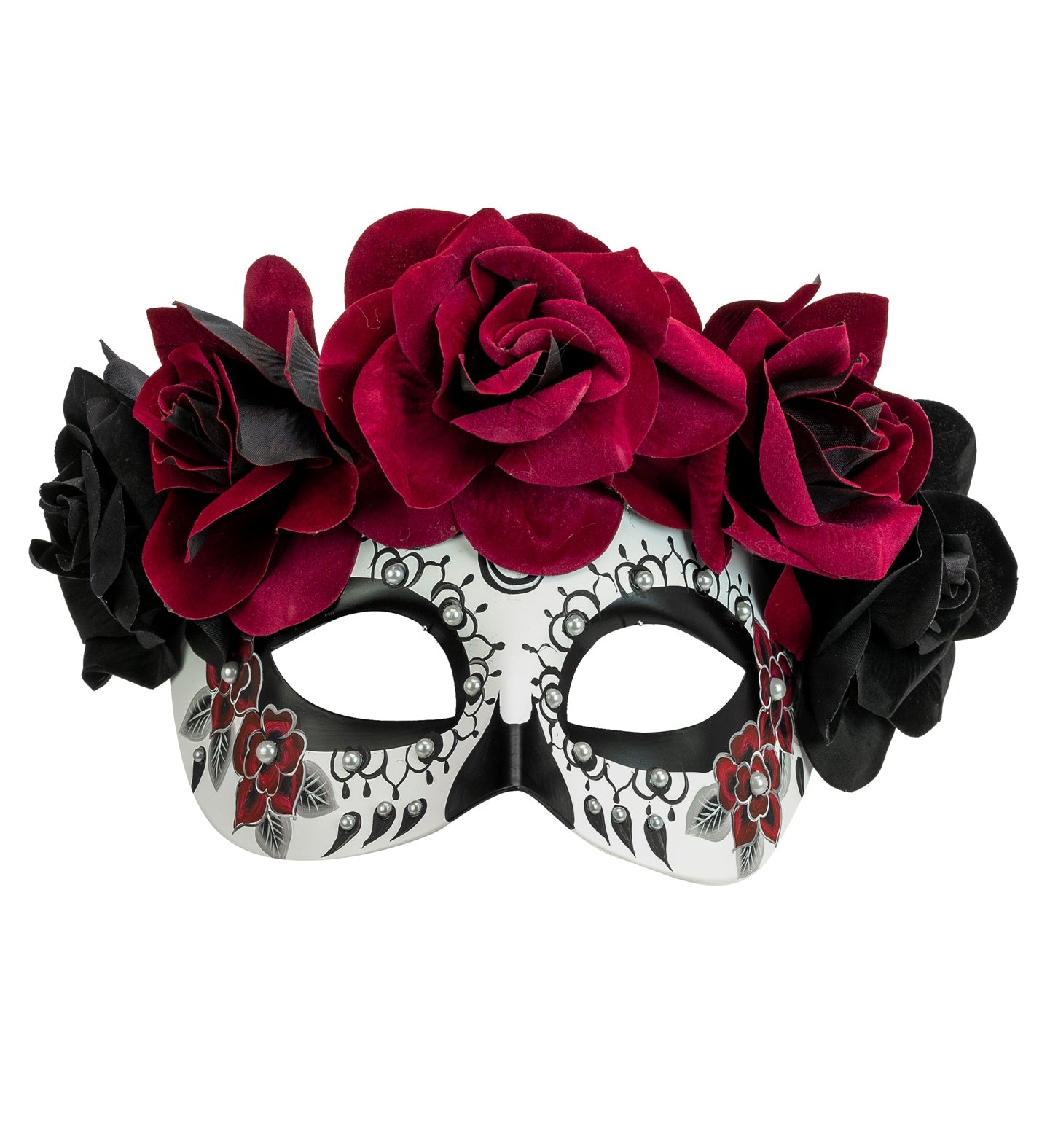 An elegant Day of the Dead sugar skull eyemask decorated with a large crown of black and deep red burgundy roses.