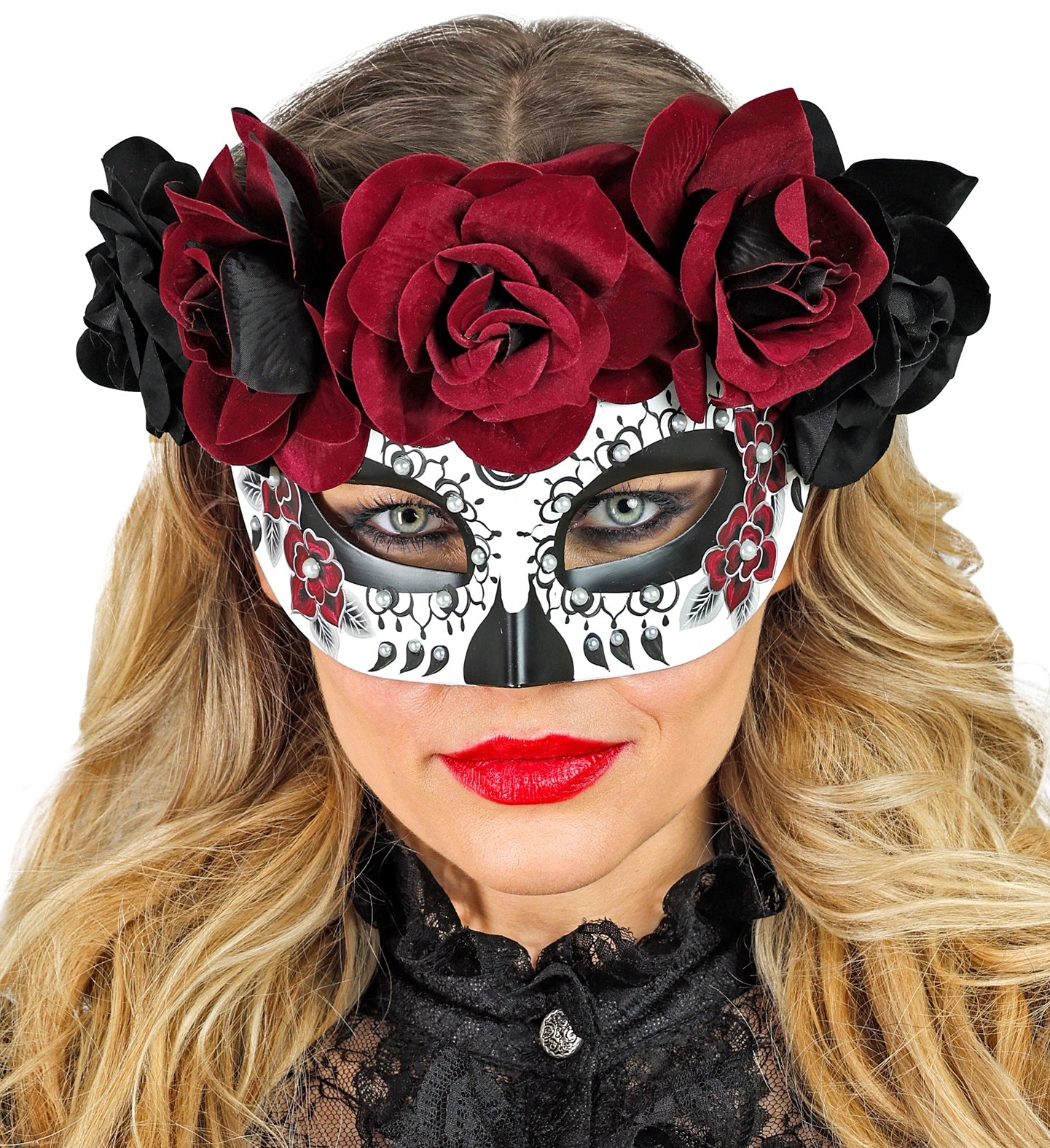 A woman with blonde hair and red lipstick models the Dia de Los Muertos floral eyemask, showing its intricate details.