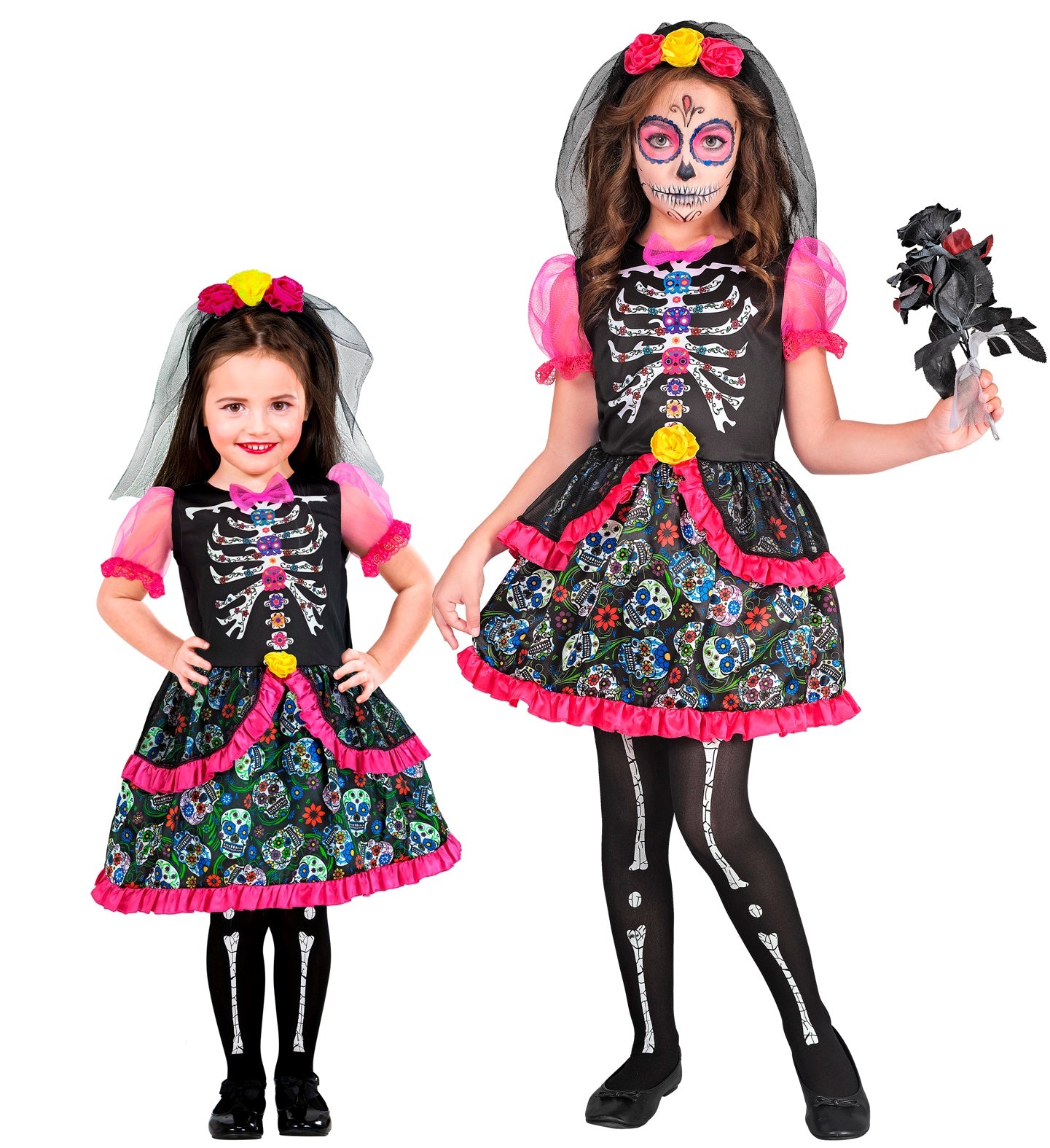 Two young girls wearing the Dia de los Muertos sugar skull costume, which includes a skeleton-print dress and a floral veil headpiece.