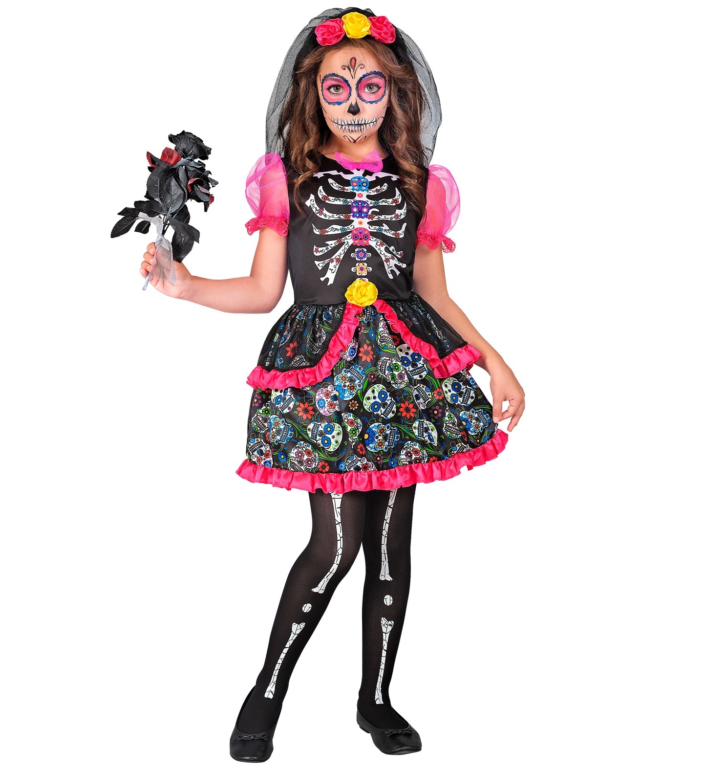 A girl models the complete Dia de los Muertos sugar skull costume, featuring a skeleton bodice, vibrant skull-patterned skirt, and floral veil.