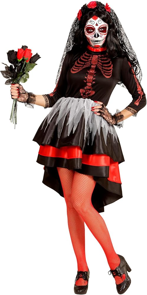 A woman wearing a Dia de los Muertos Bride Catrina costume featuring a black dress with red glittery skeleton bones, a tiered high-low skirt, and a black lace veil with red roses.