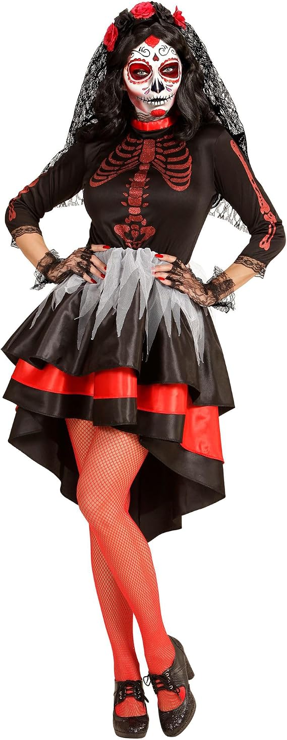 A woman modeling a Day of the Dead (Dia de los Muertos) costume consisting of a black top with red and white skeleton print, a black and red high-low skirt with gray tulle overlay, a black lace veil, red fishnet stockings, and black Mary Jane shoes.