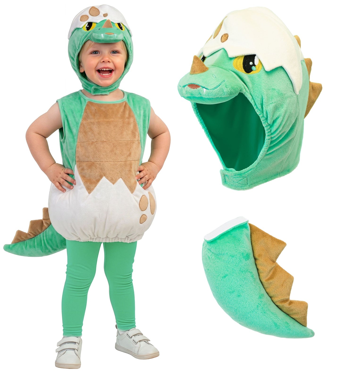 A children's green baby dinosaur fancy dress costume set featuring a plush eggshell tunic, green pants, and a matching hooded mask, displayed next to isolated views of the hood and detachable tail.
