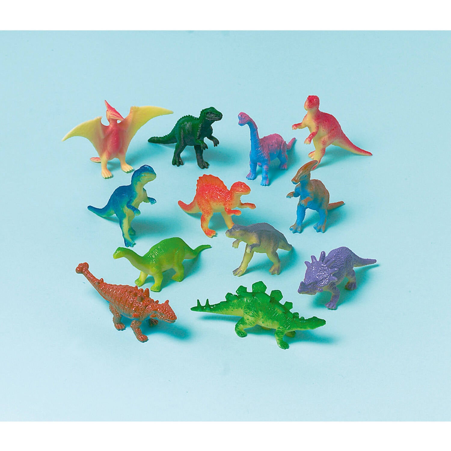 A collection of twelve different colorful mini plastic toy dinosaur figures arranged together on a light blue background. The set includes a pterodactyl, triceratops, stegosaurus, and tyrannosaurus rex in bright shades of green, red, purple, and blue, each measuring 5.8cm.