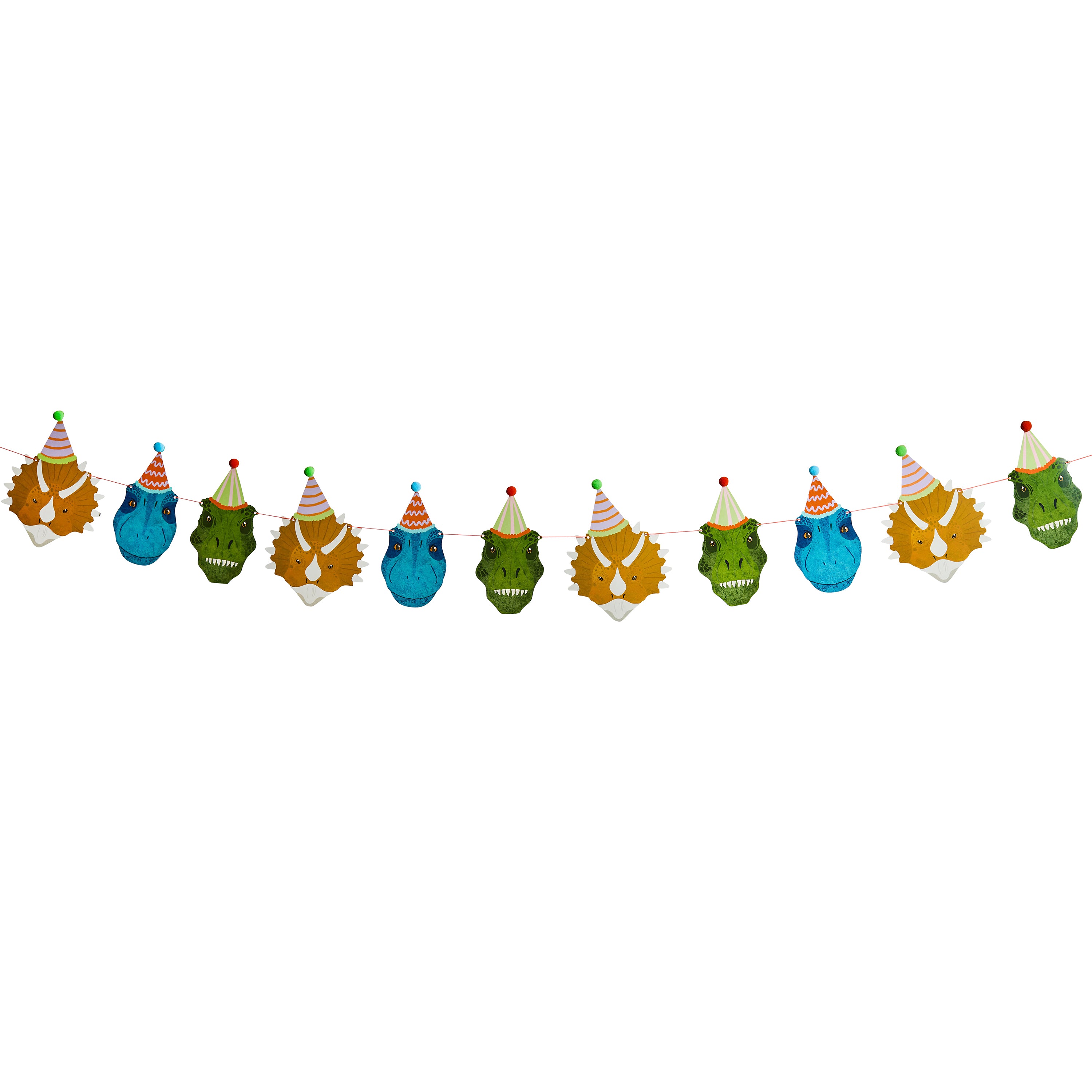 A colorful dinosaur party garland featuring T-Rex, Triceratops, and blue Raptors wearing festive striped party hats on an orange string.
