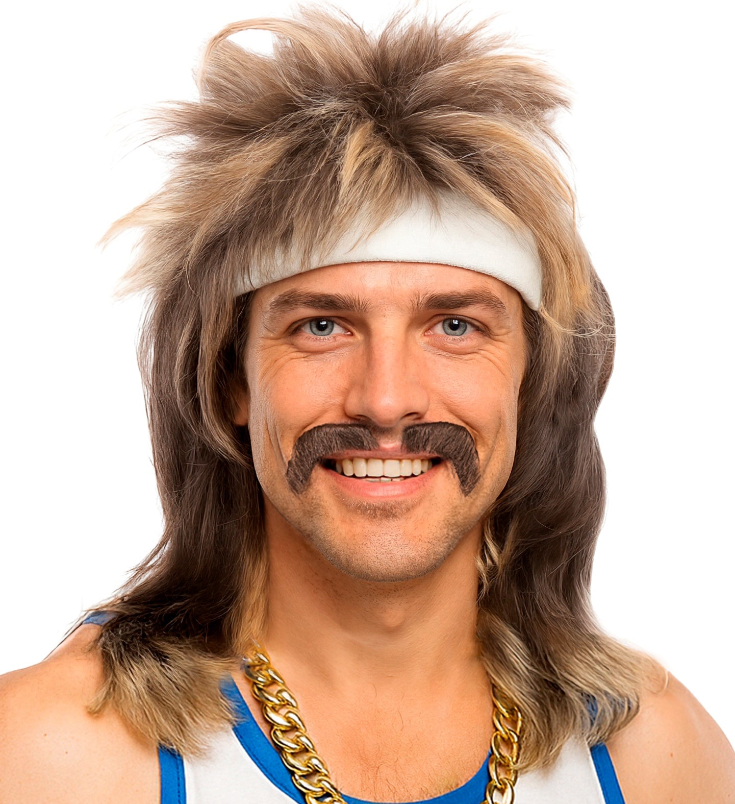 A man smiling brightly while wearing a dirty blonde mullet costume wig and thick moustache, styled with a white athletic sweatband, a gold chain, and a blue and white tank top.