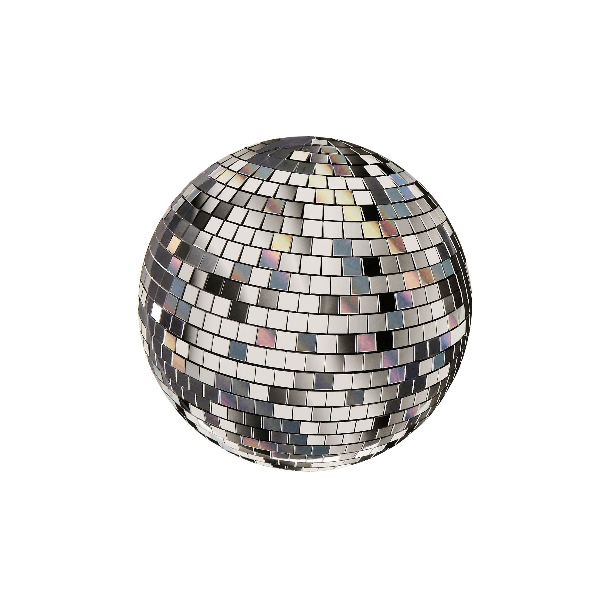 A single round paper plate with a realistic shimmering silver disco ball print against a white background.